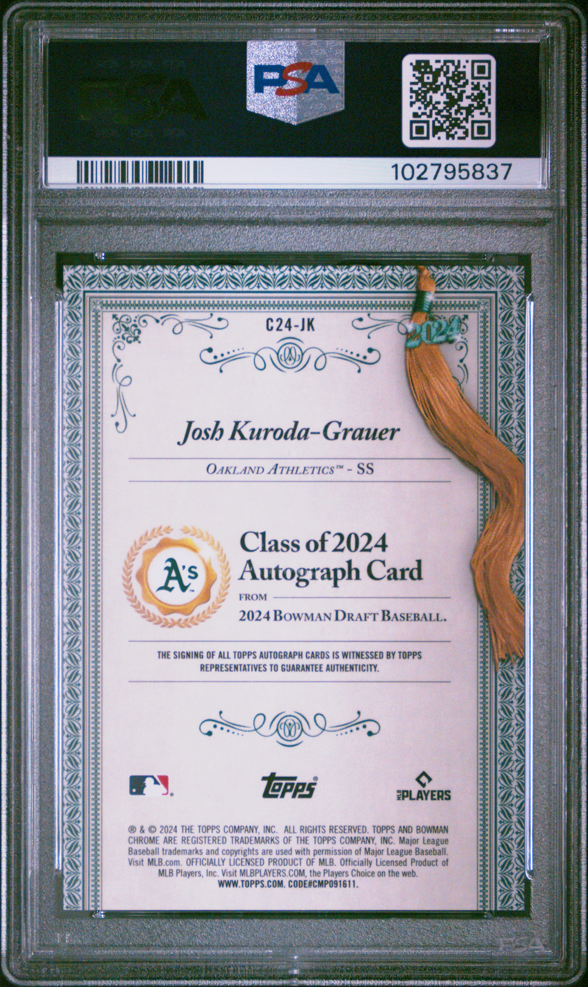 2024 Bowman Draft Class Of 2024 Autographs Josh Kuroda-Grauer #C24Jk Gem Mt 10 front