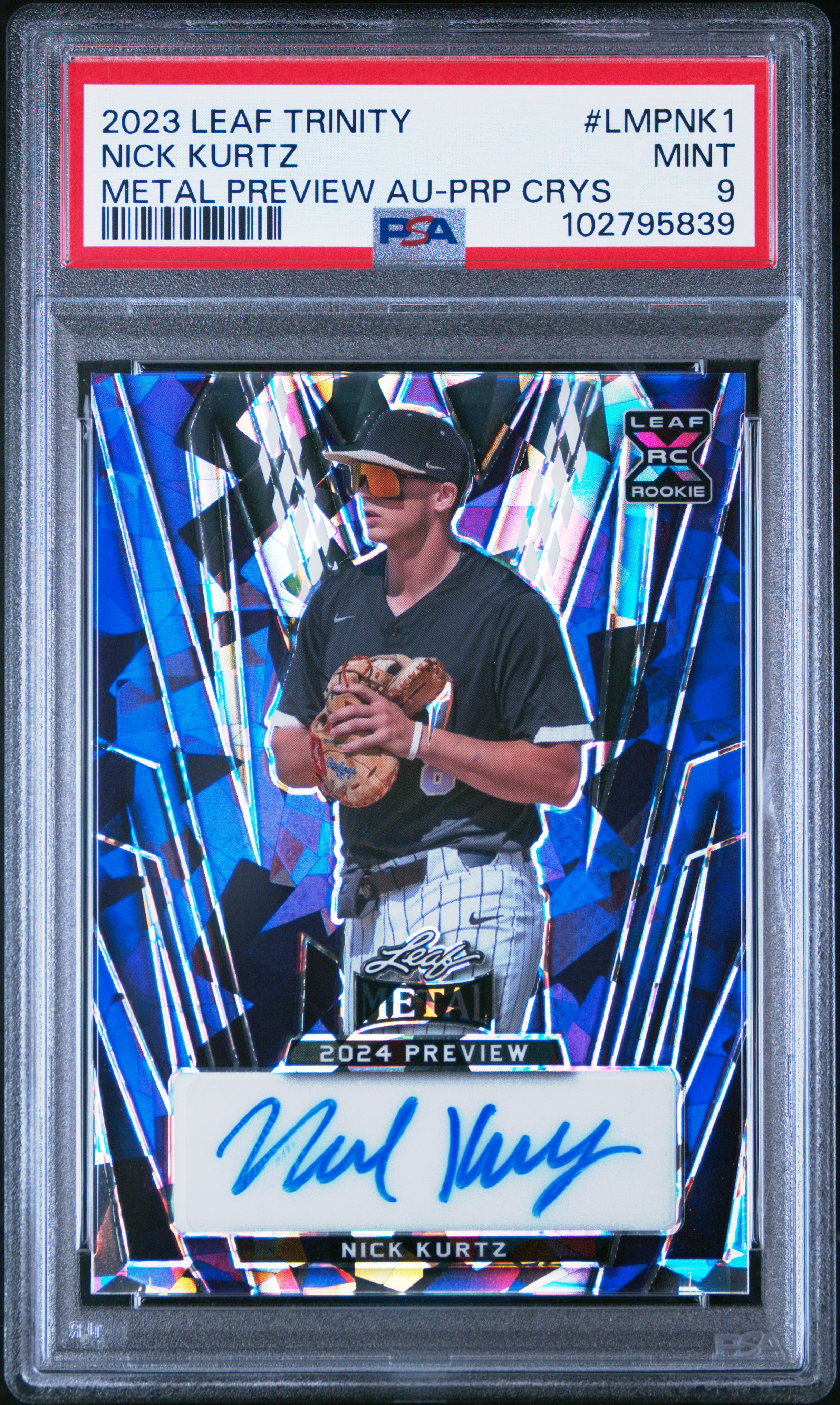 2023 Leaf Trinity Leaf Metal Preview Autographs Nick Kurtz #Lmpnk1 (Metal Preview Au-Prp Crys) Mint 9 back