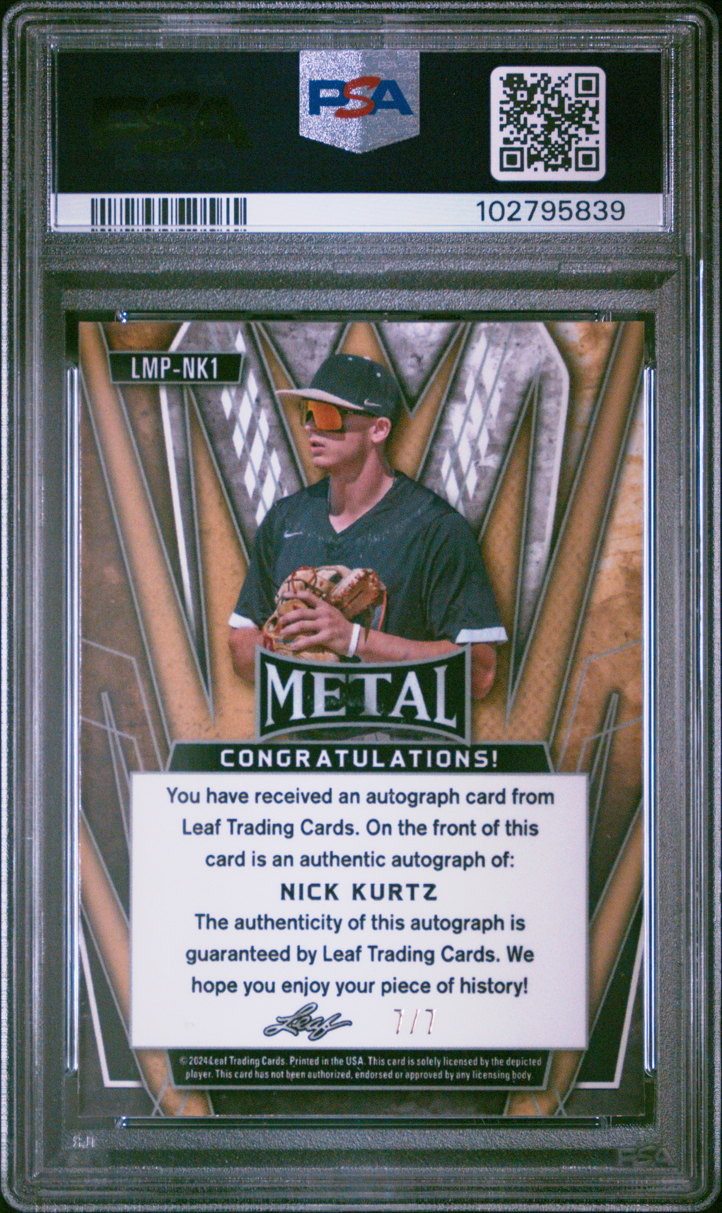 2023 Leaf Trinity Leaf Metal Preview Autographs Nick Kurtz #Lmpnk1 (Metal Preview Au-Prp Crys) Mint 9 front