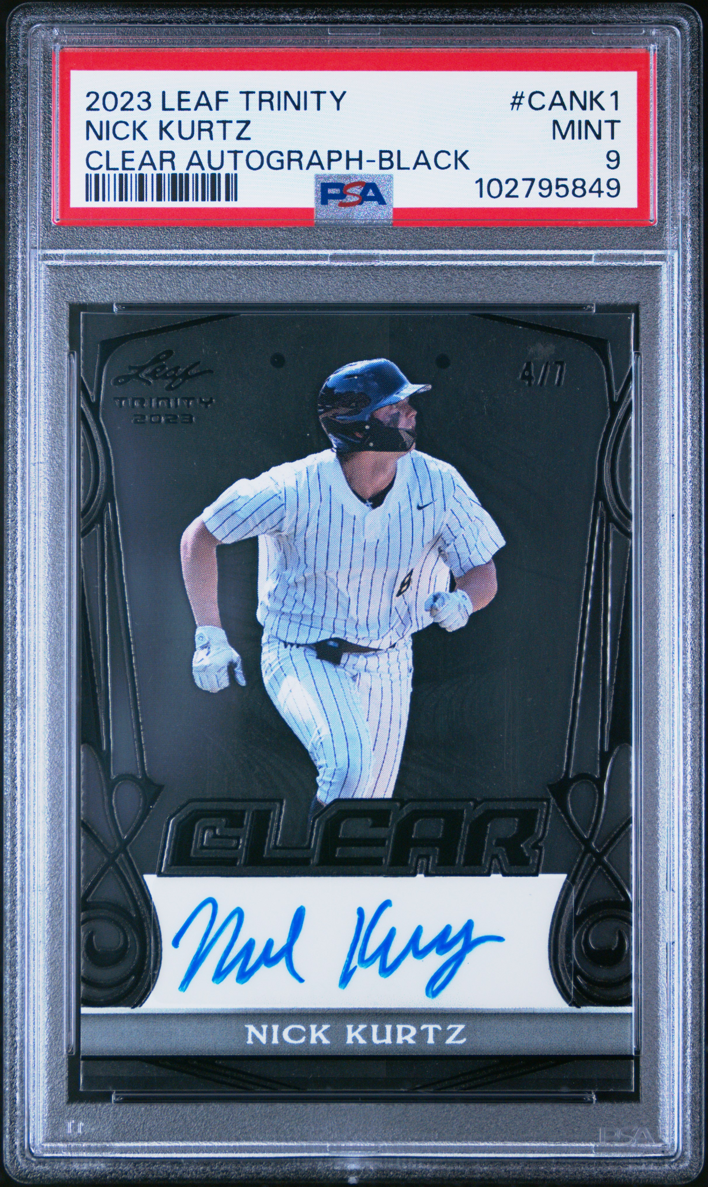 2023 Leaf Trinity Clear Autographs Nick Kurtz #Cank1 (Clear Autograph-Black) Mint 9 back