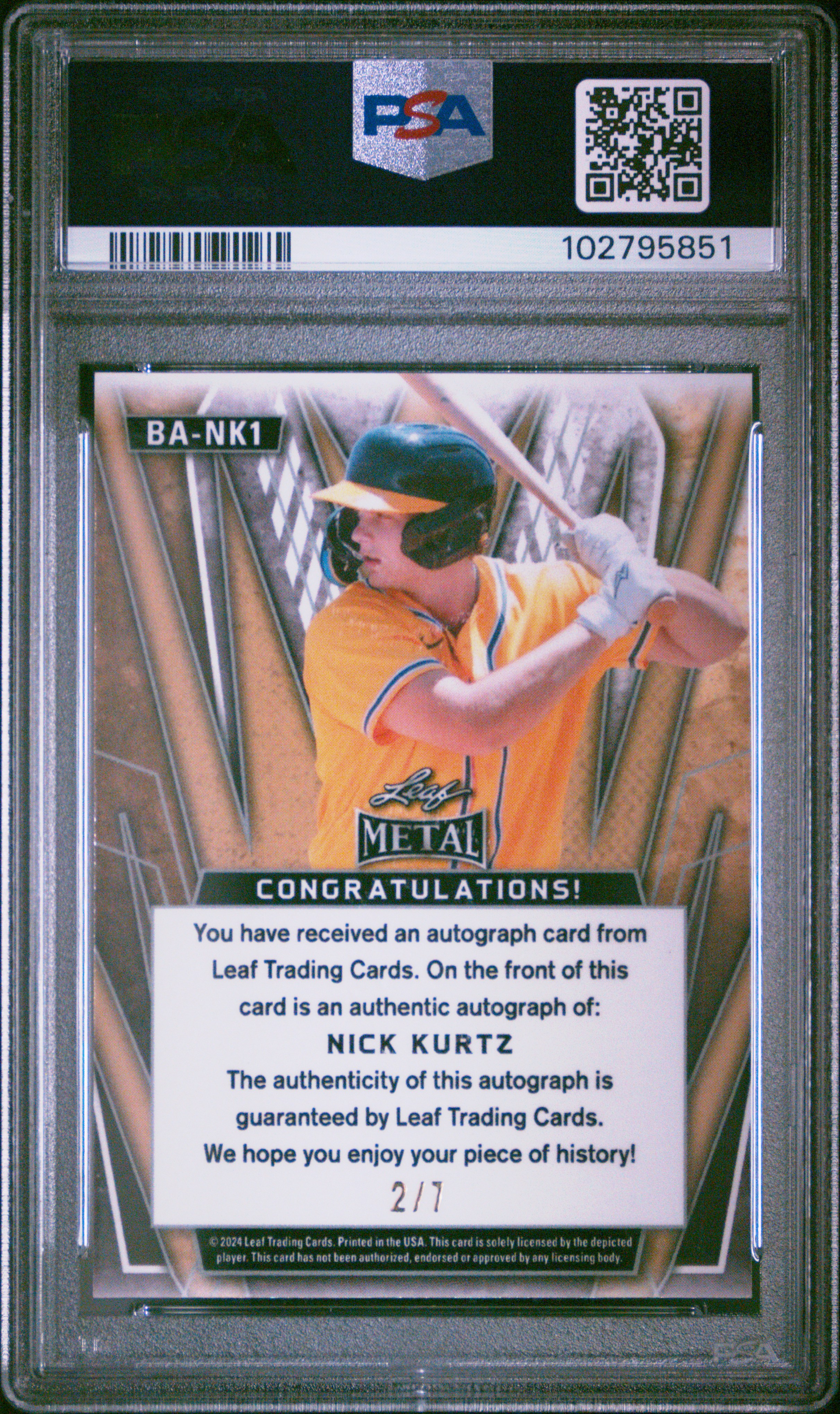 2024 Leaf Metal Autographs Nick Kurtz #Bank1 (Autograph-Blue Mojo) Mint 9 front