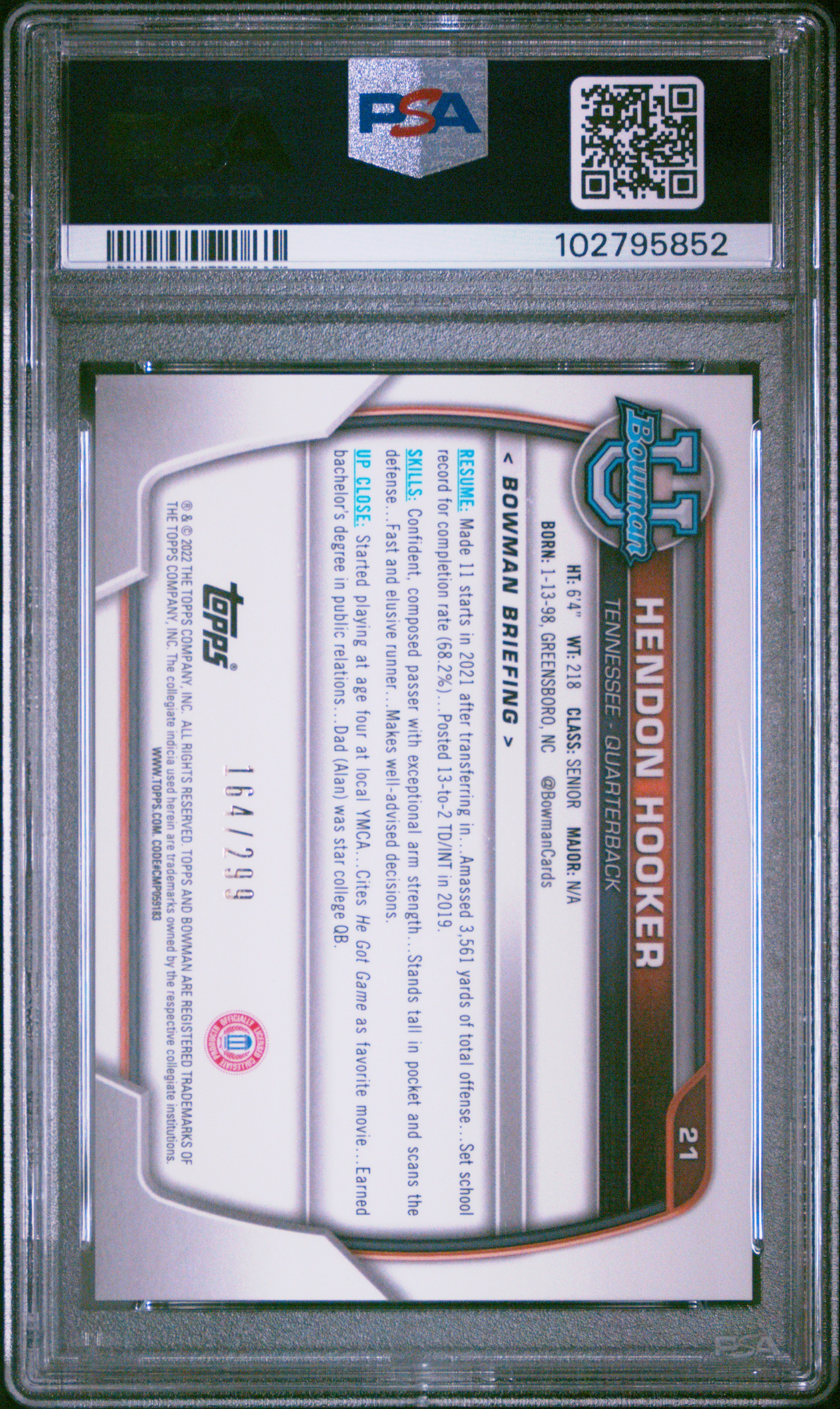 2022 Bowman University Chrome Prospects Hendon Hooker #21 (Chrome Prospects-Aqua Ref) Gem Mt 10 front