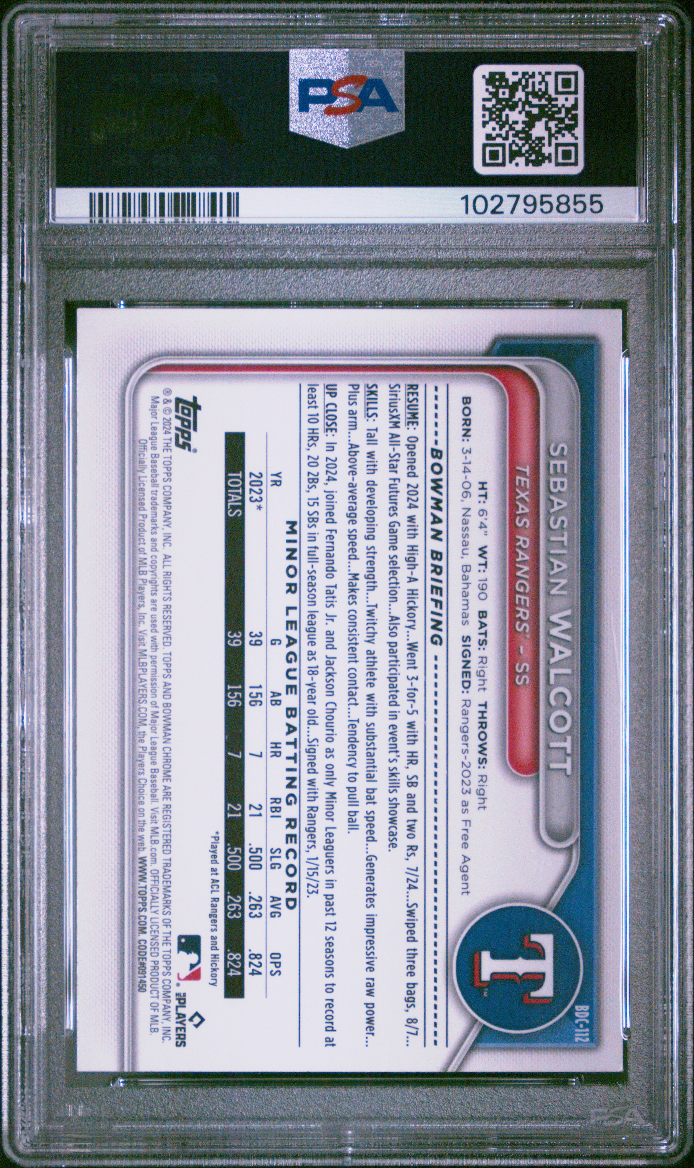 2024 Bowman Draft Sebastian Walcott #Bdc112 (Chrome-Green Grass Ref) Gem Mt 10 front