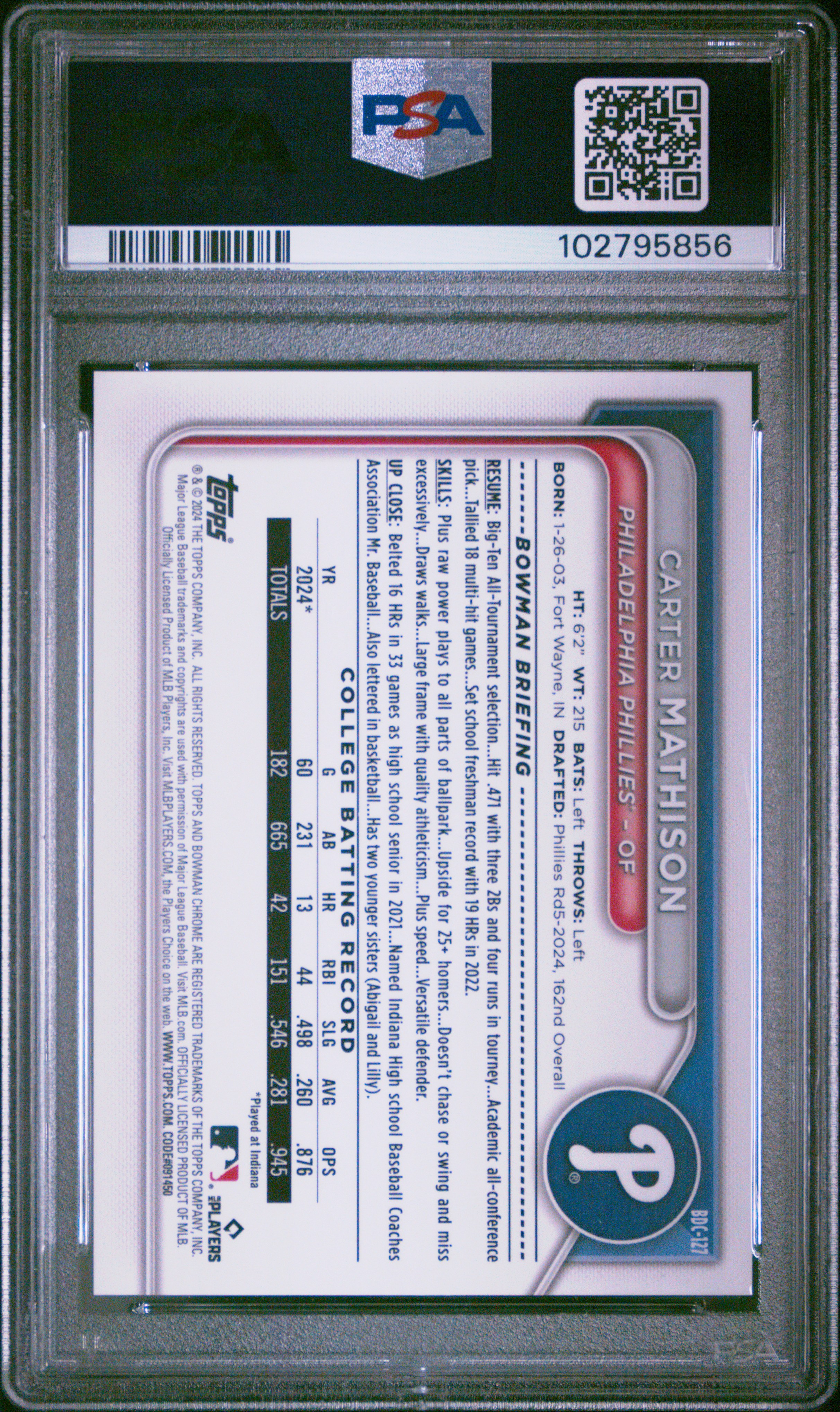 2024 Bowman Draft Carter Mathison #Bdc127 (Chrome-Orange Refractor) Mint 9 front