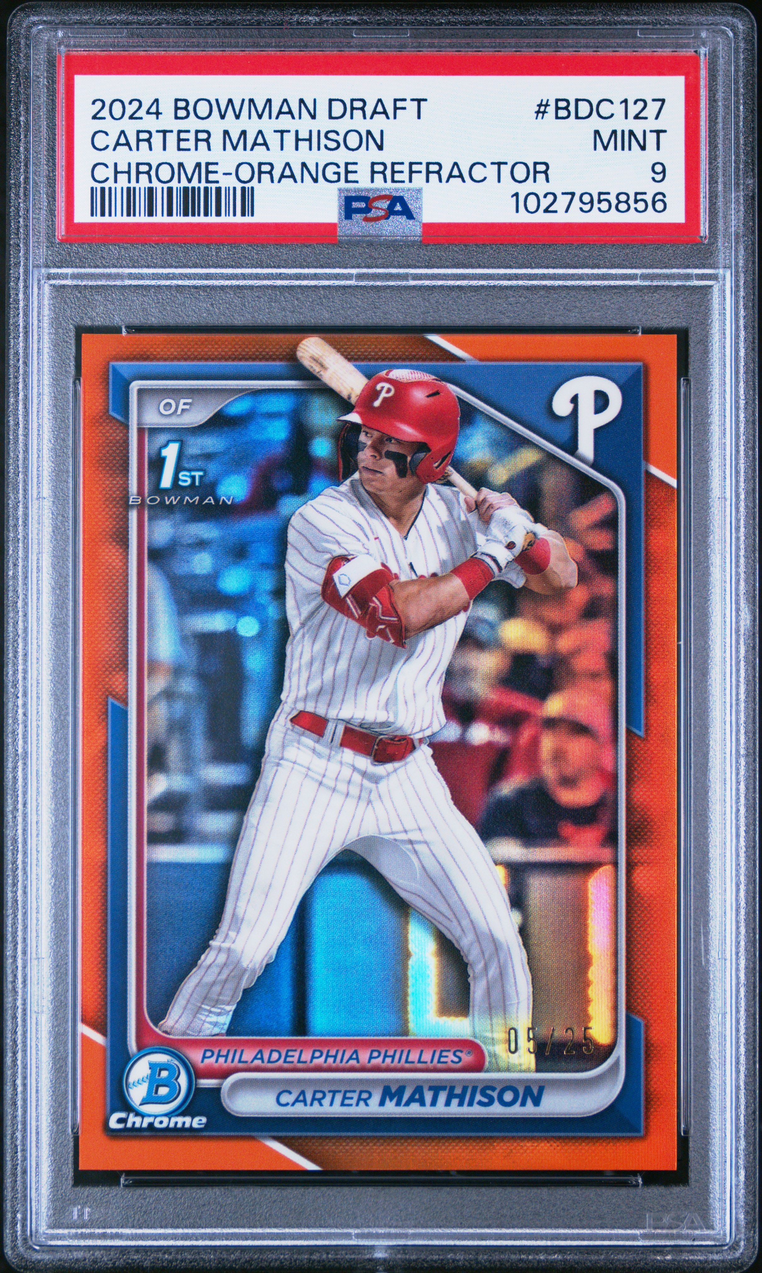 2024 Bowman Draft Carter Mathison #Bdc127 (Chrome-Orange Refractor) Mint 9 back