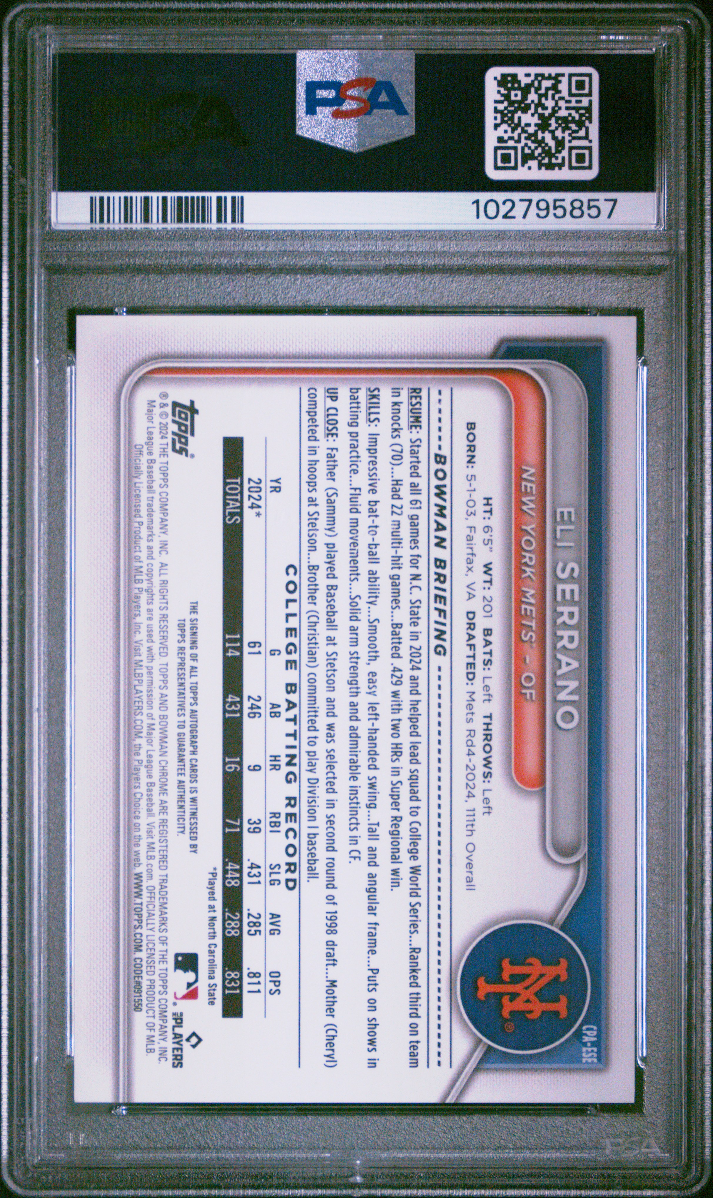 2024 Bowman Draft Chrome Prospect Autographs Eli Serrano #Cpaese Mint 9 front