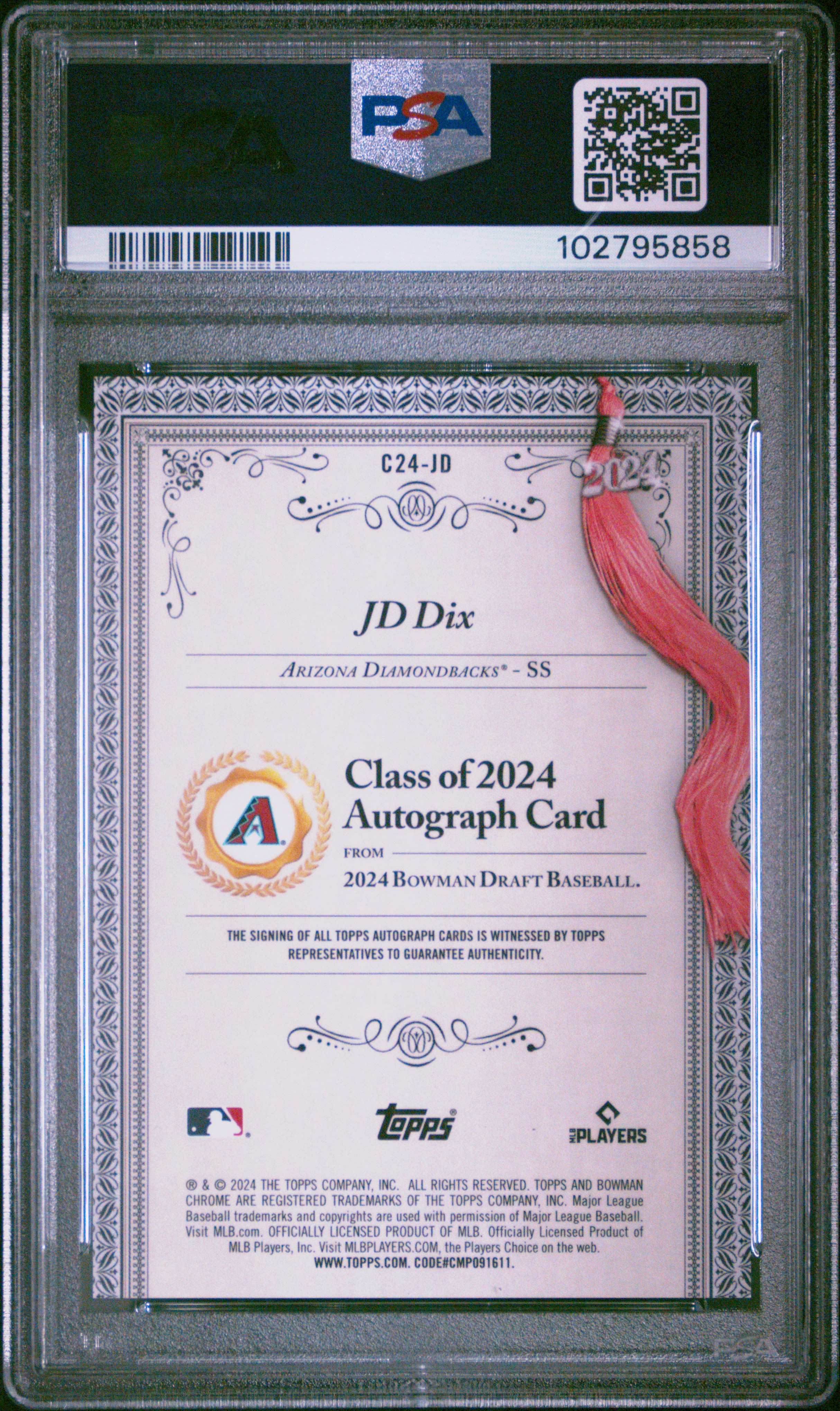2024 Bowman Draft Class Of 2024 Autographs Jd Dix #C24Jd Gem Mt 10 front