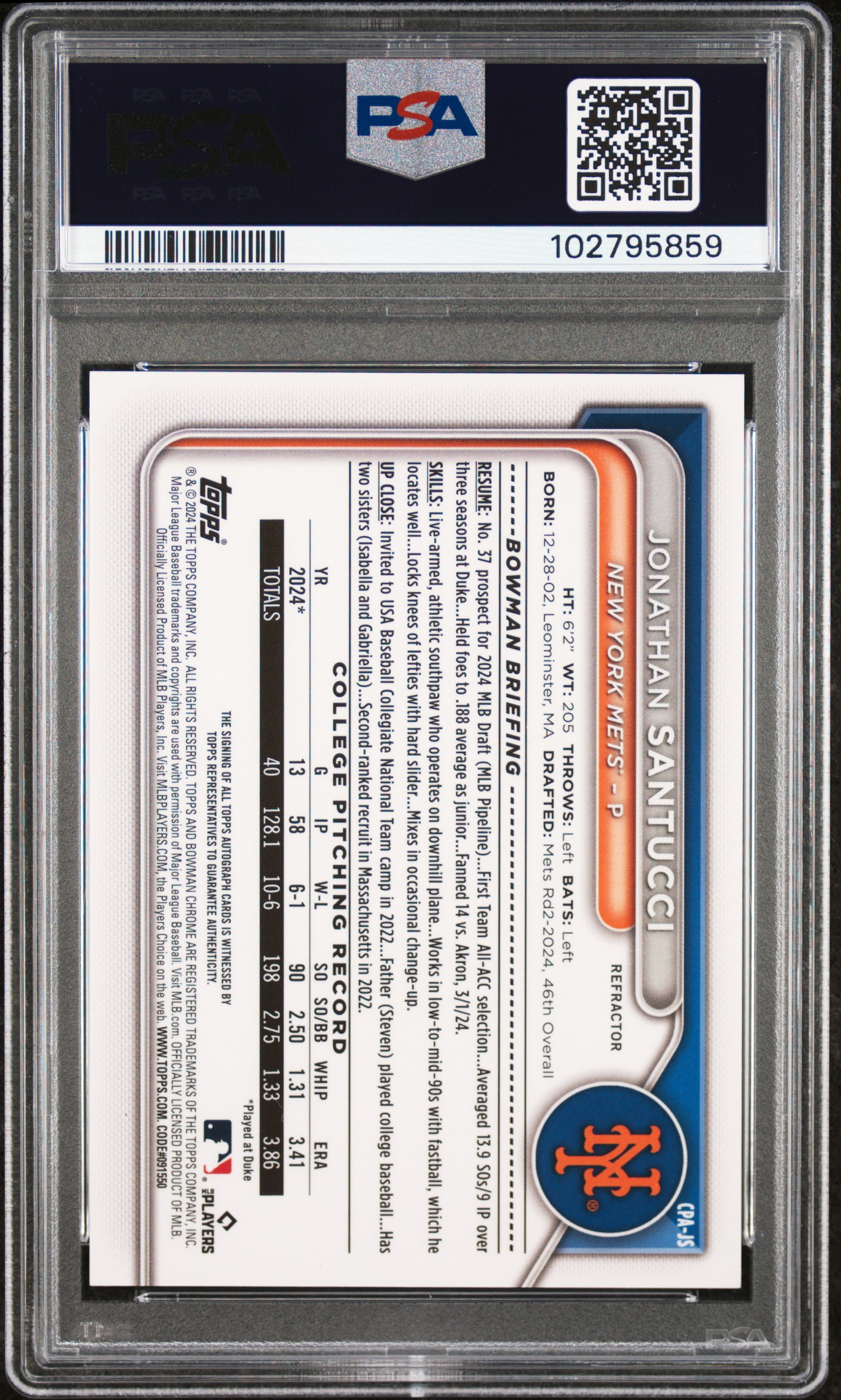 2024 Bowman Draft Chrome Prospect Autographs Jonathan Santucci #Cpajs (Chr Prospect Au-Refractor) Mint 9 front