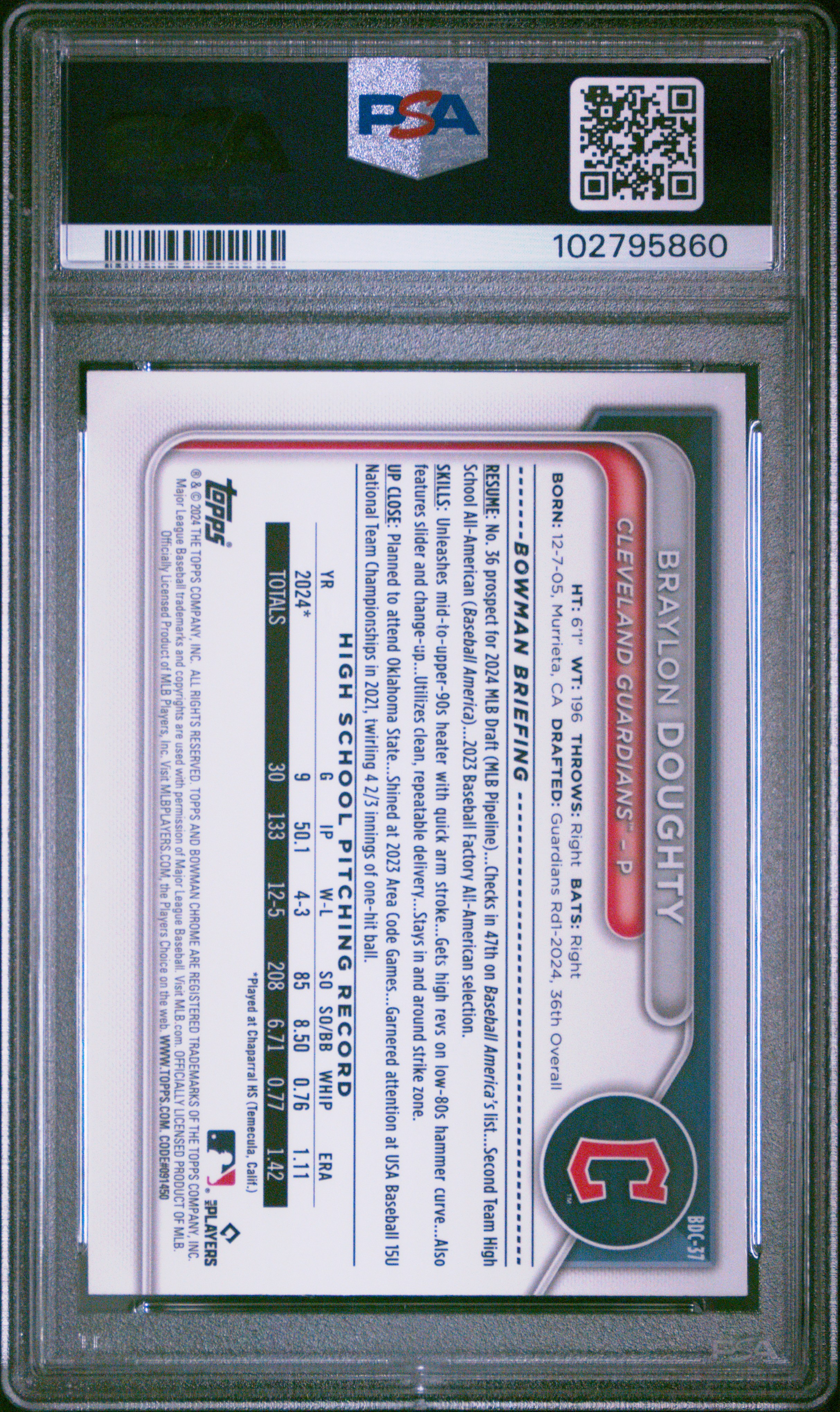 2024 Bowman Draft Braylon Doughty #Bdc37 (Chrome-Lunar Glow Ref) Gem Mt 10 front