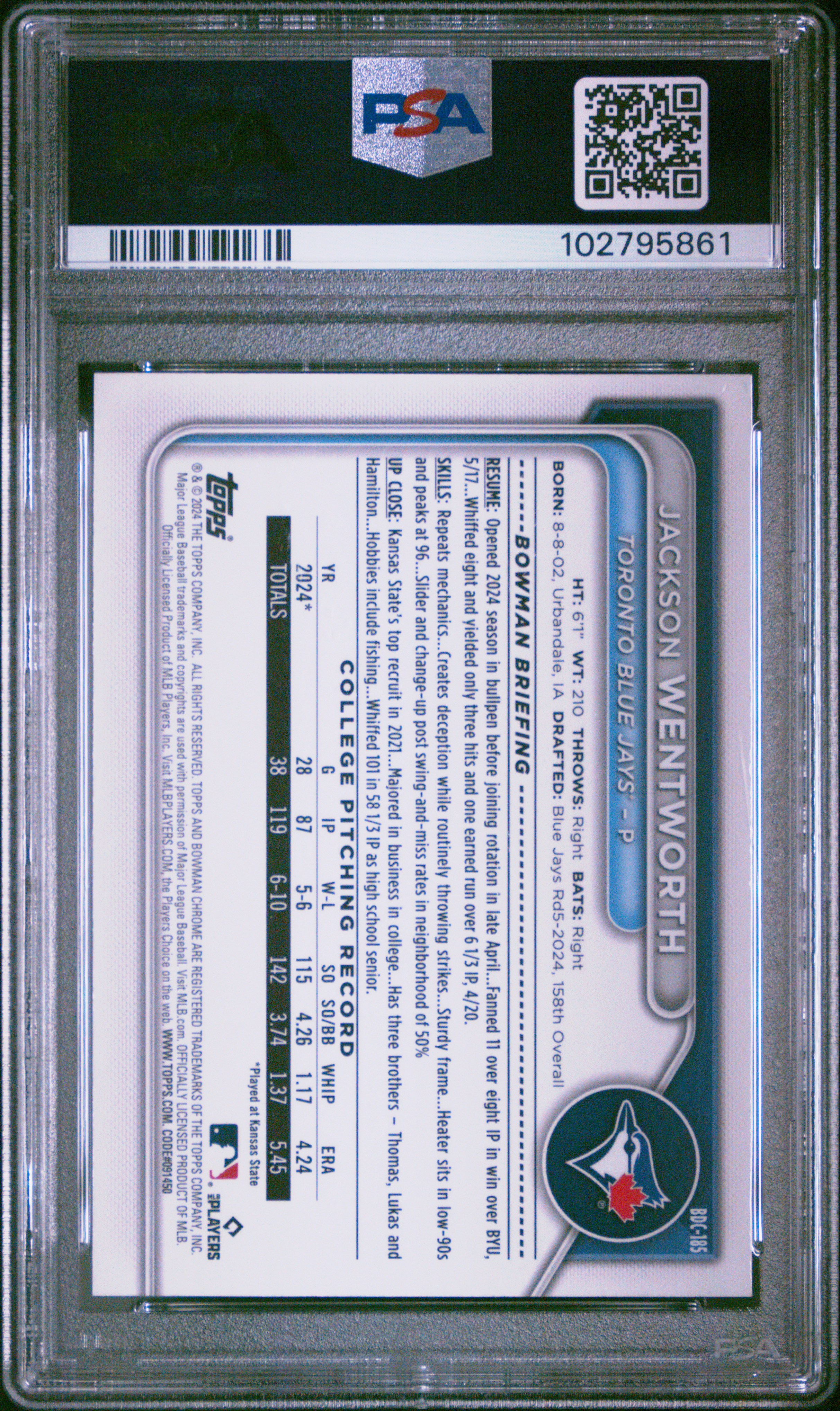 2024 Bowman Draft Jackson Wentworth #Bdc185 (Chr-Aqua Lunar Crater Ref) Mint 9 front