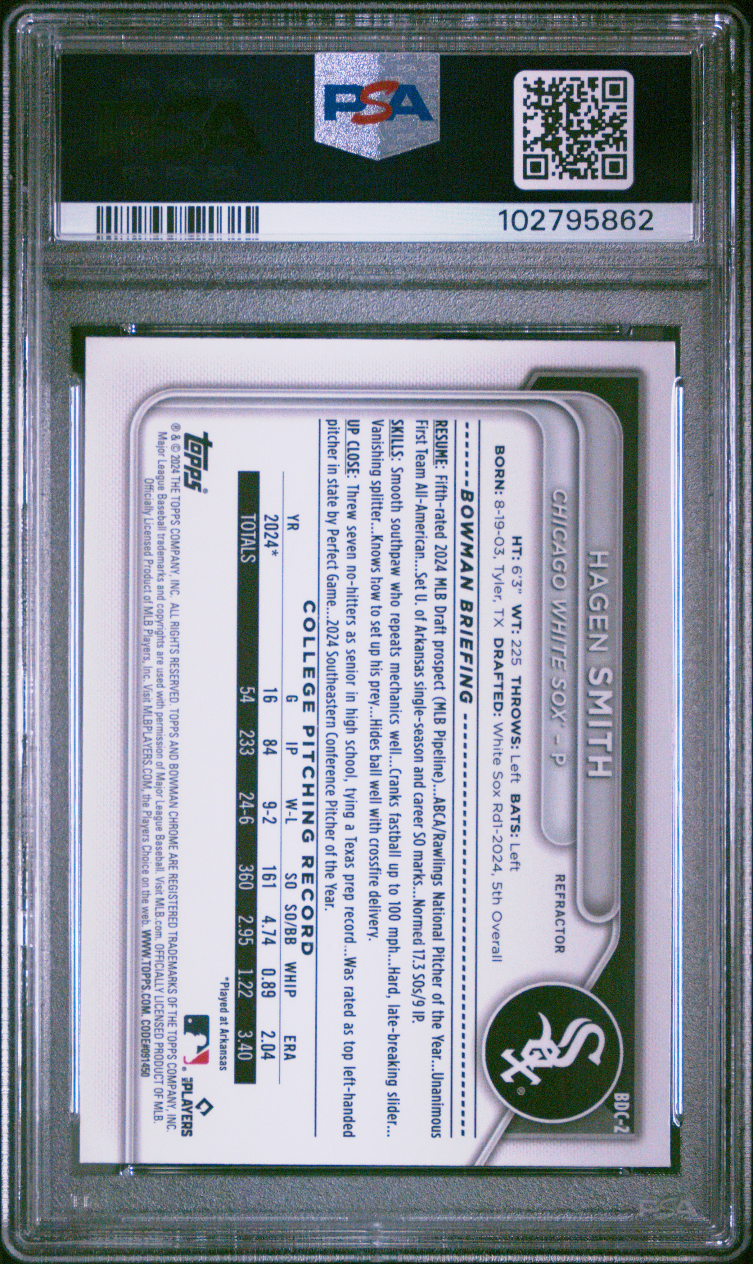 2024 Bowman Draft Hagen Smith #Bdc2 (Chrome-Refractor) Gem Mt 10 front