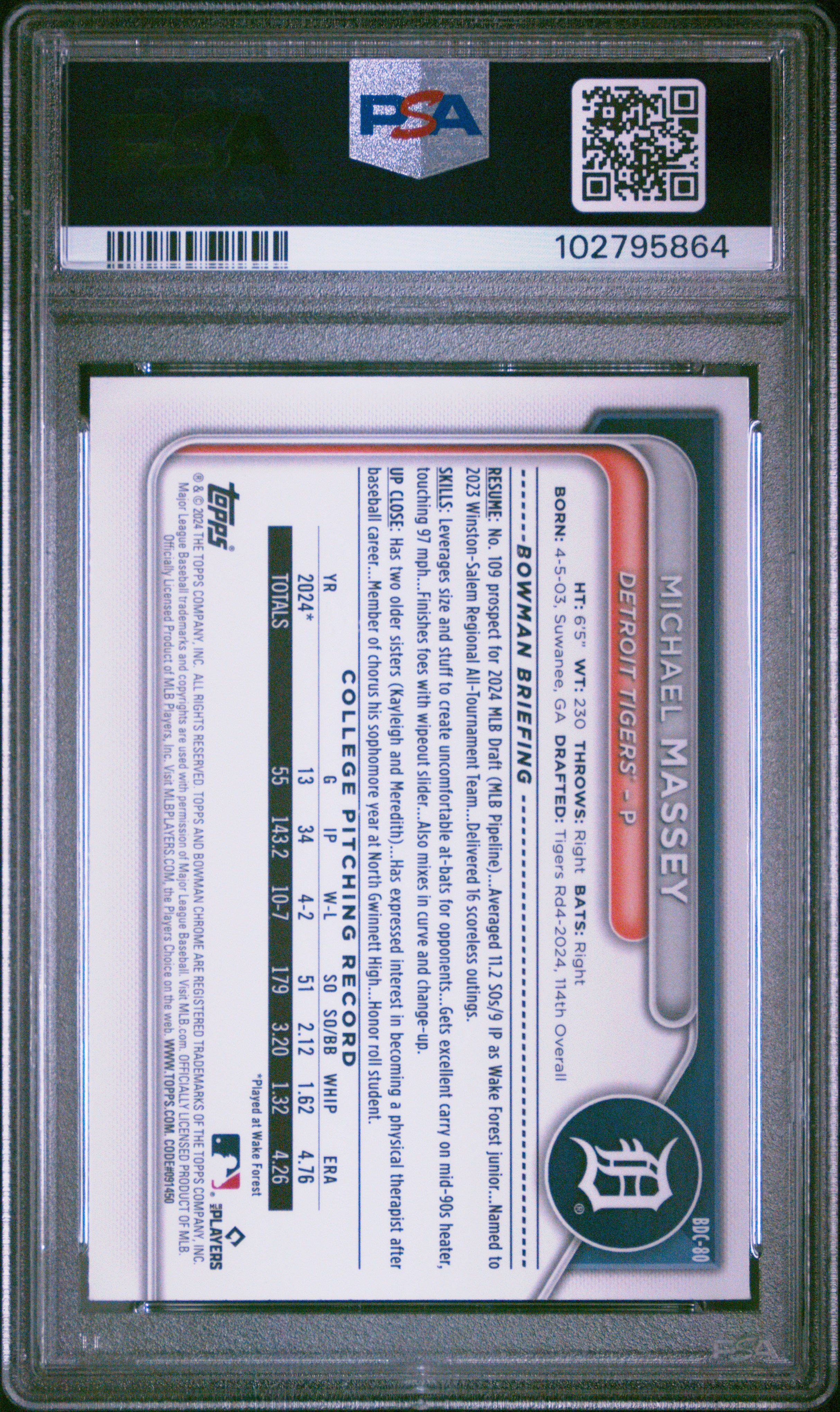 2024 Bowman Draft Michael Massey #Bdc80 (Chrome-Fuchsia Lunar Ref) Gem Mt 10 front