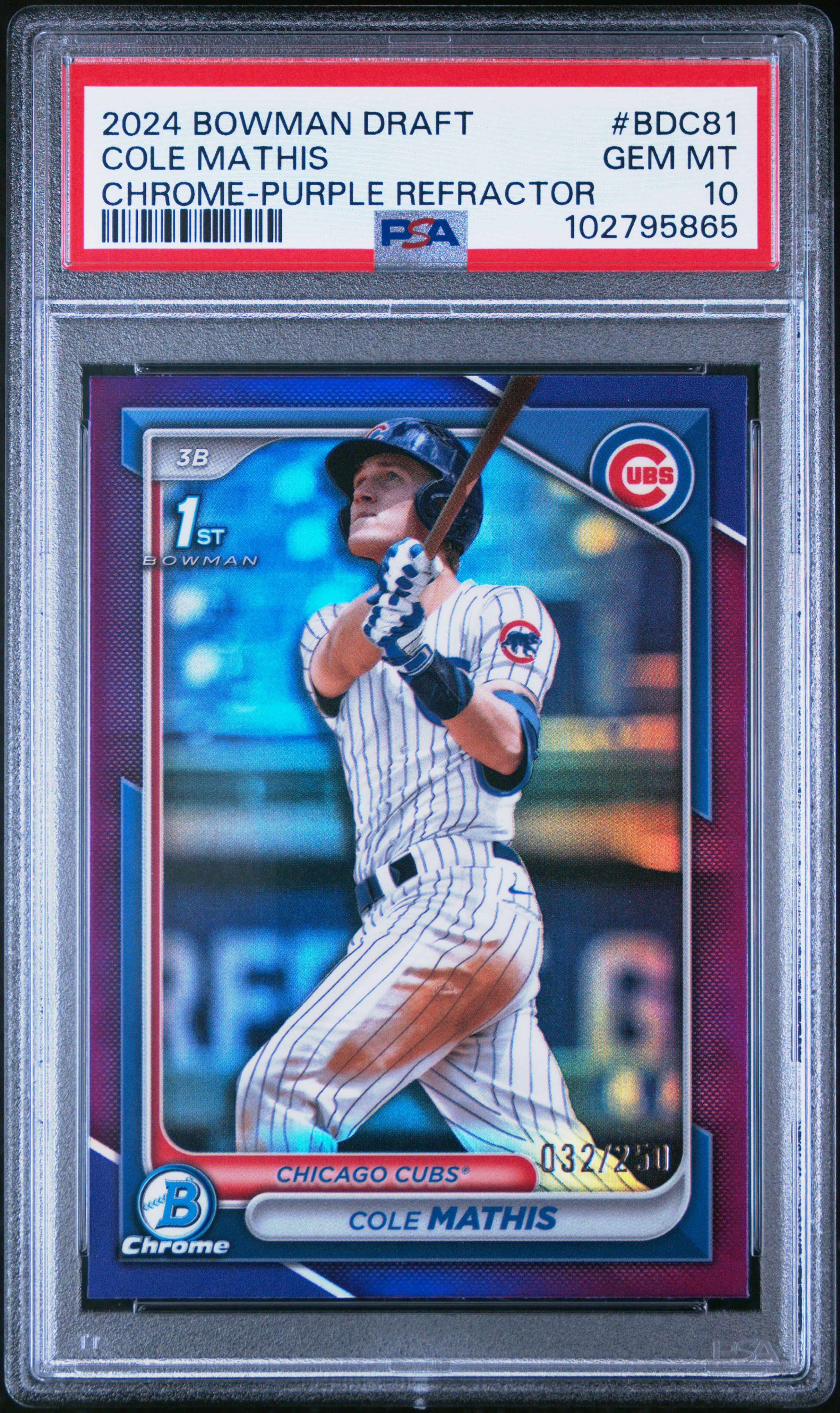 2024 Bowman Draft Cole Mathis #Bdc81 (Chrome-Purple Refractor) Gem Mt 10 back