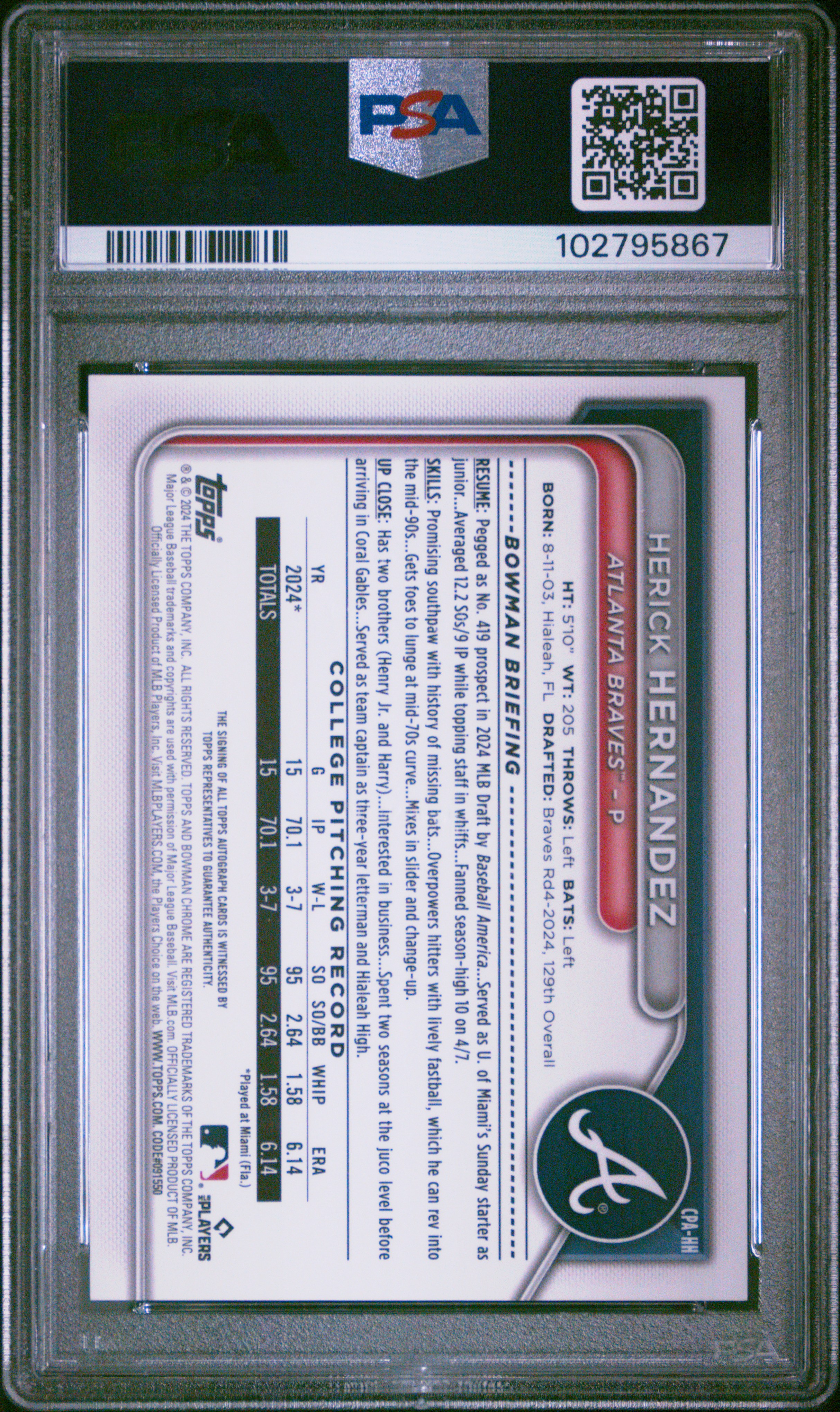 2024 Bowman Draft Chrome Prospect Autographs Herick Hernandez #Cpahh (Chr Prospect Auto-Gold Ref) Mint 9 front