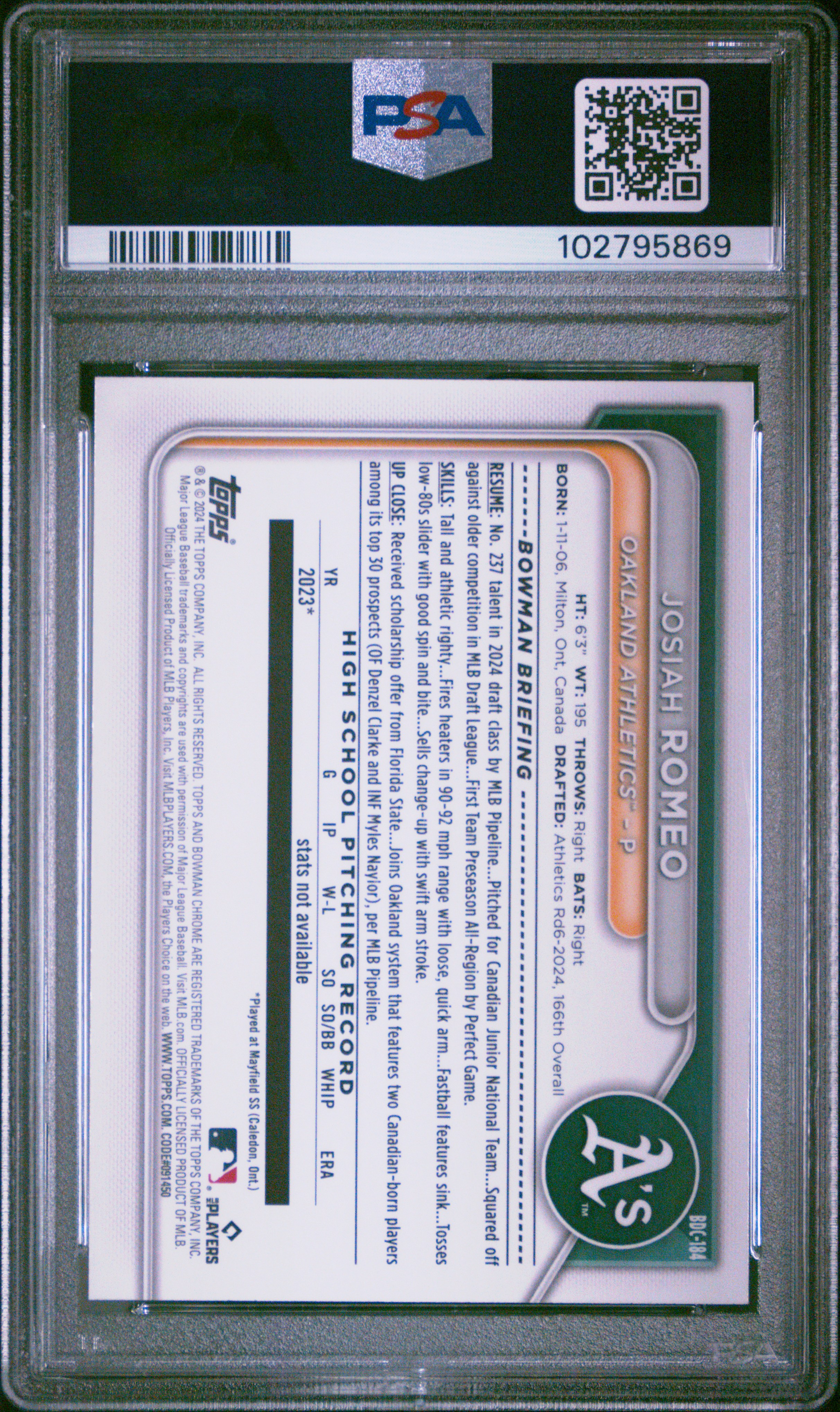 2024 Bowman Draft Josiah Romeo #Bdc184 (Chrome-Aqua Wave) Mint 9 front