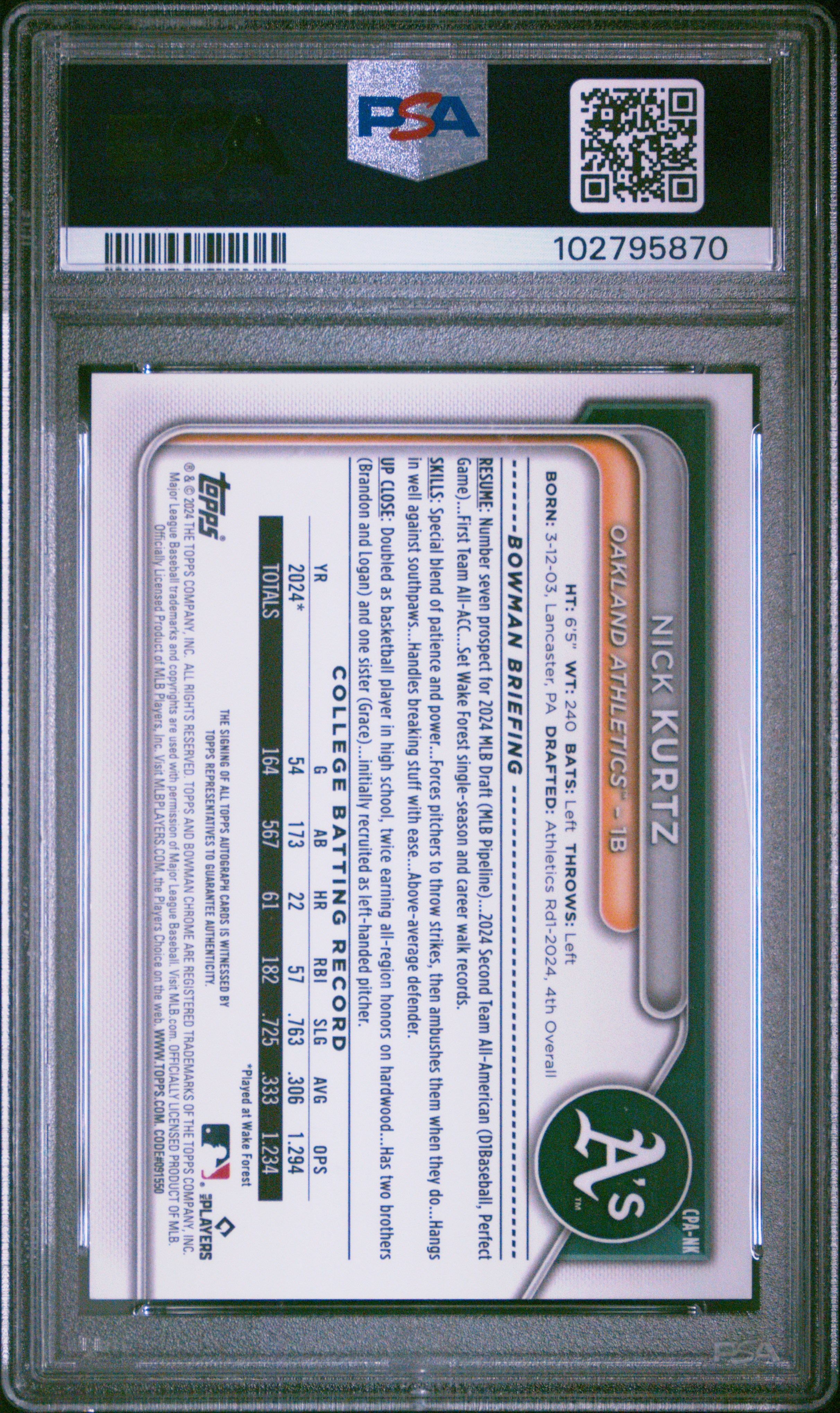 2024 Bowman Draft Chrome Prospect Autographs Nick Kurtz #Cpank (Chr Prospect Au-Yellow Ref) Mint 9 front