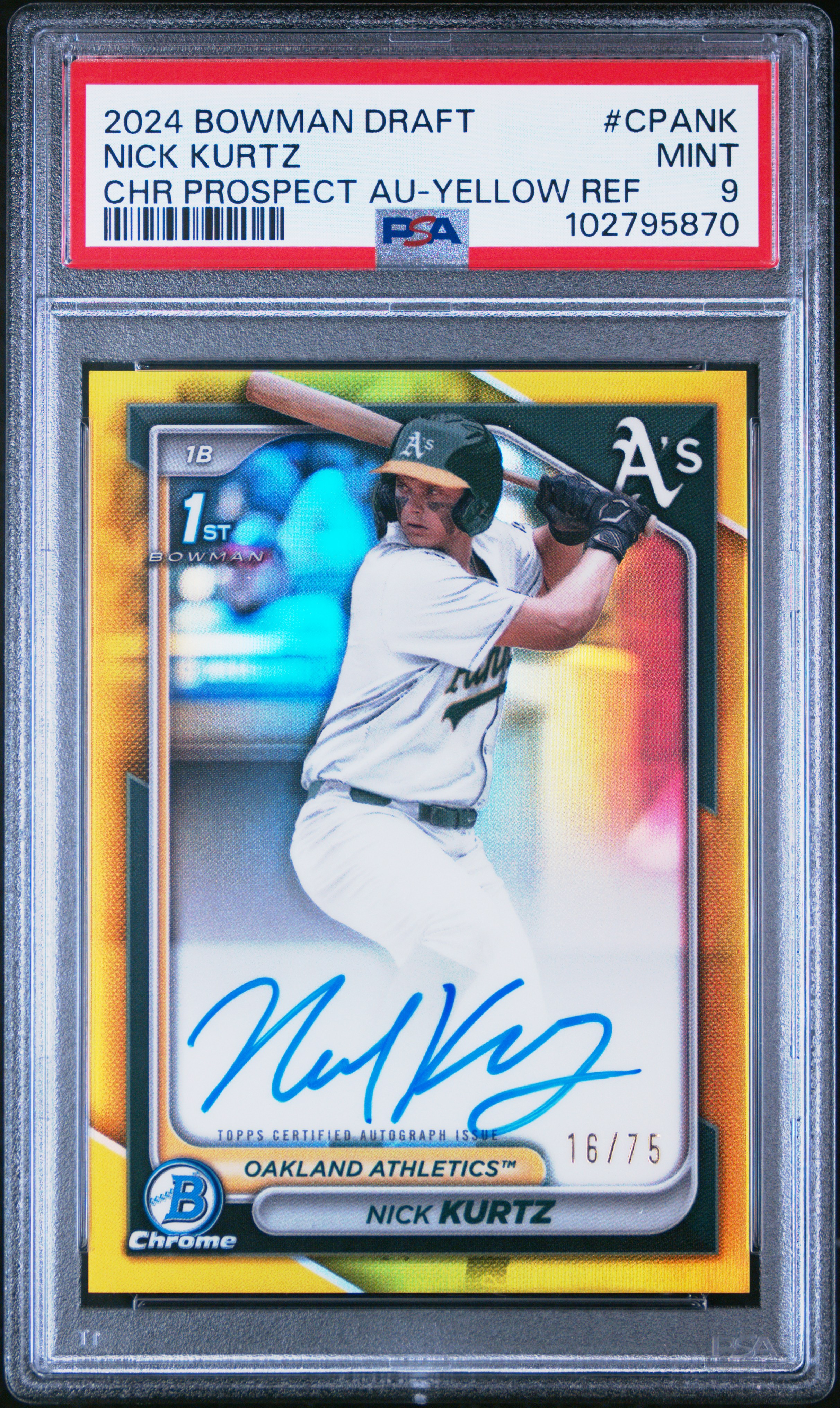 2024 Bowman Draft Chrome Prospect Autographs Nick Kurtz #Cpank (Chr Prospect Au-Yellow Ref) Mint 9 back