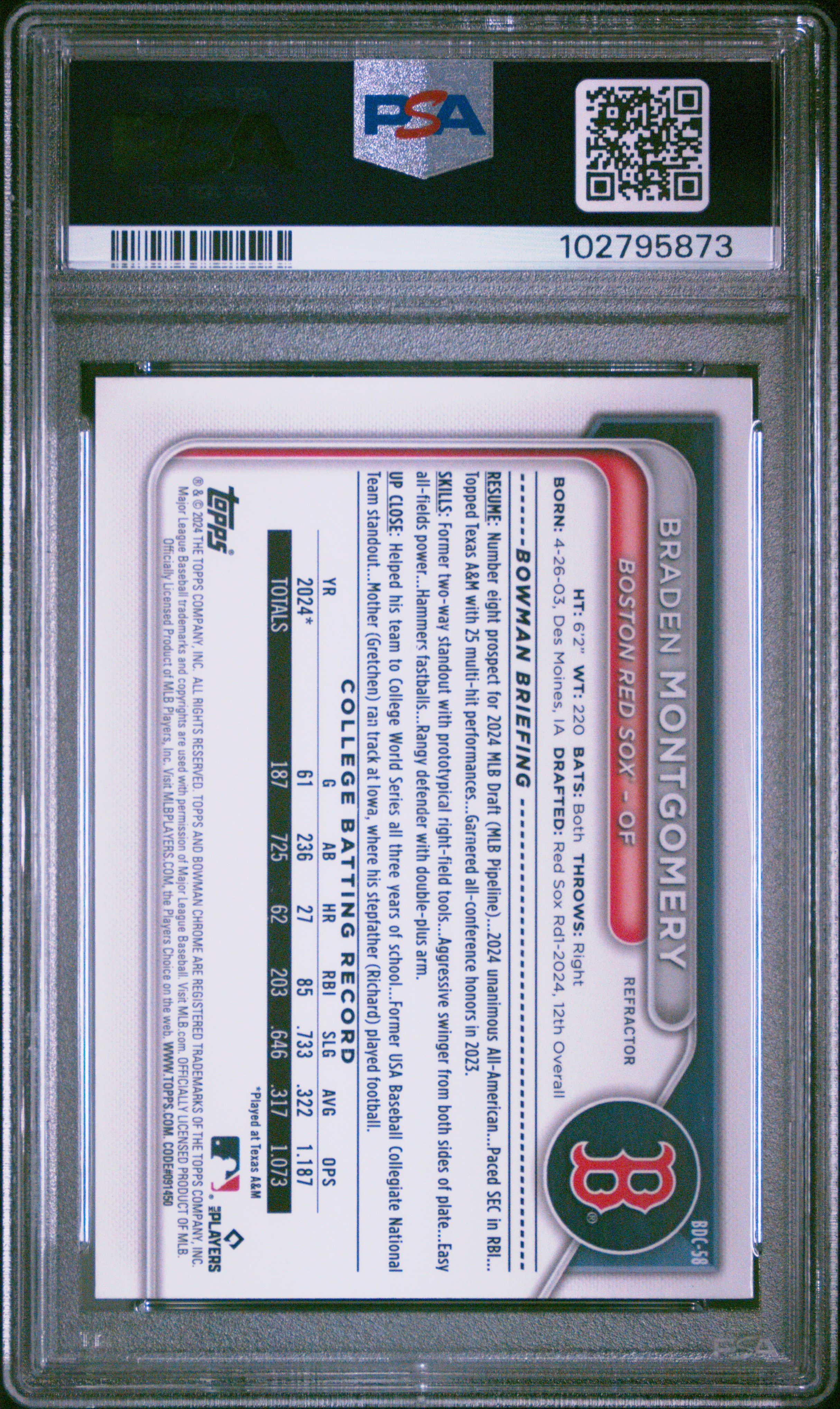 2024 Bowman Draft Braden Montgomery #Bdc58 (Chrome-Refractor) Gem Mt 10 front