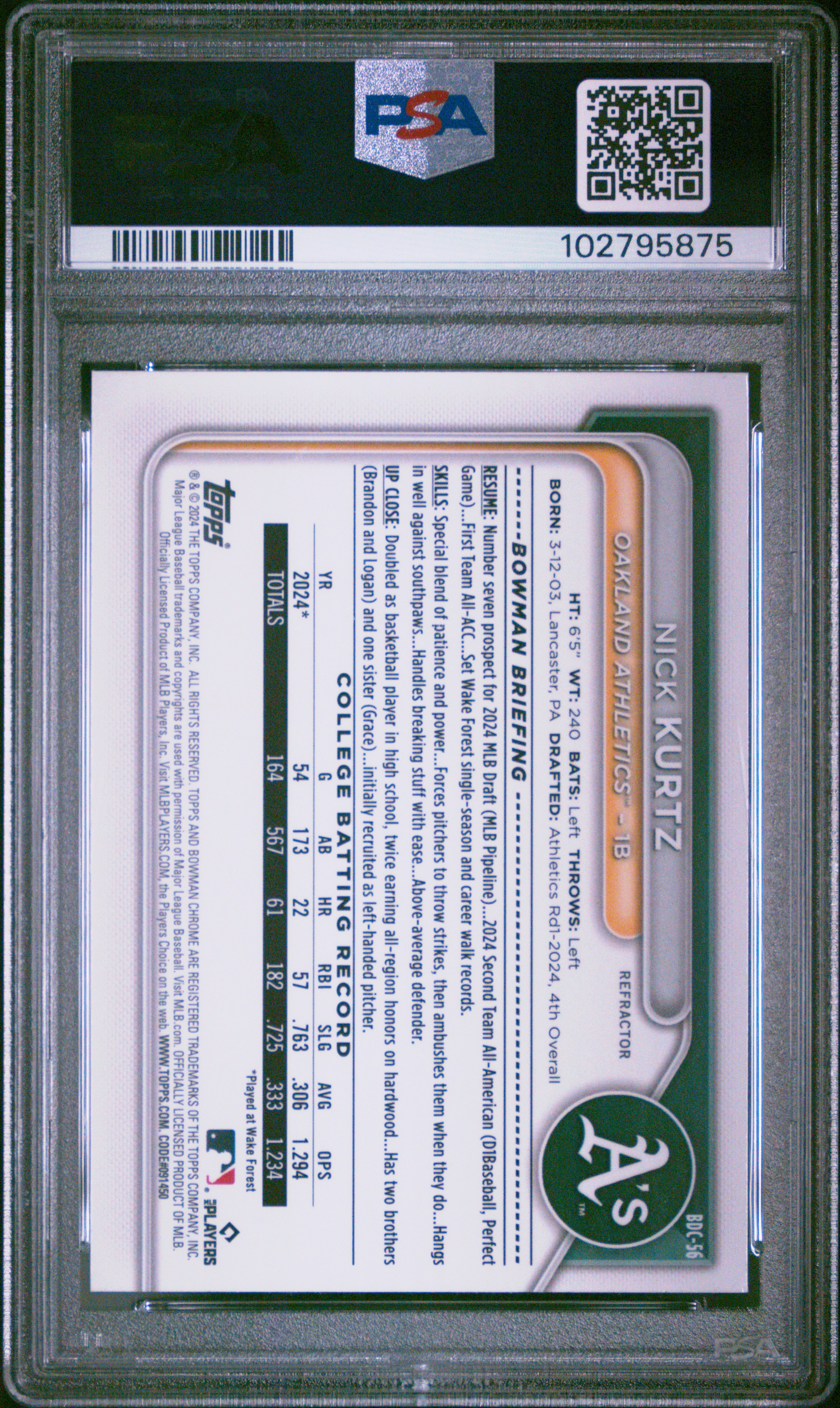 2024 Bowman Draft Nick Kurtz #Bdc56 (Chrome-Refractor) Gem Mt 10 front