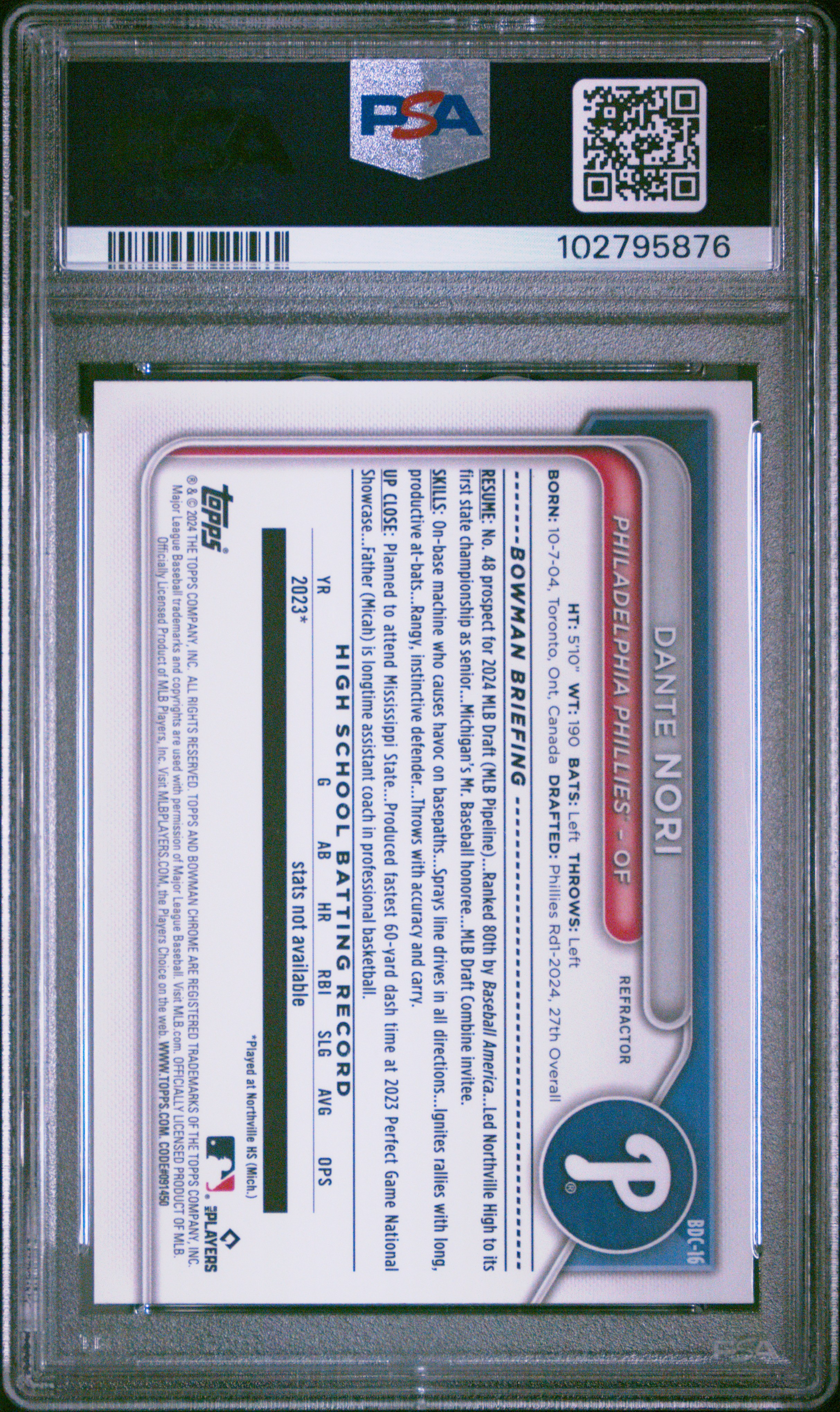 2024 Bowman Draft Dante Nori #Bdc16 (Chrome-Refractor) Mint 9 front