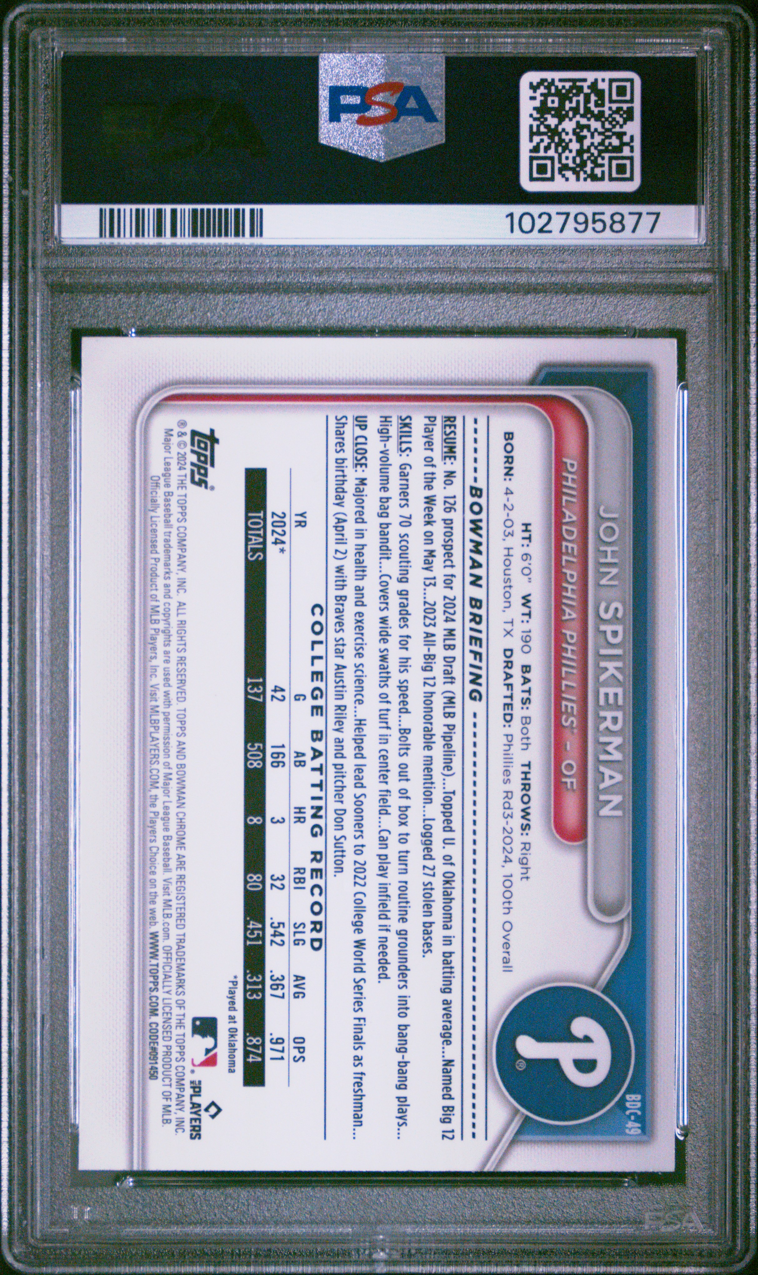 2024 Bowman Draft John Spikerman #Bdc49 (Chrome-Steel Metal Ref) Gem Mt 10 front