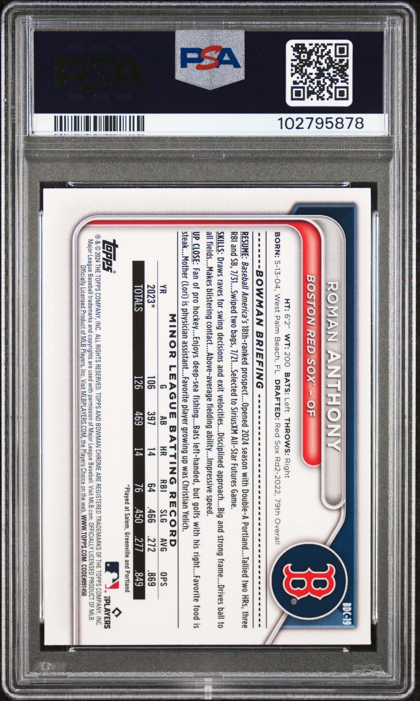 2024 Bowman Draft Roman Anthony #Bdc19 (Chrome-Fuchsia Lunar Ref) Gem Mt 10 front