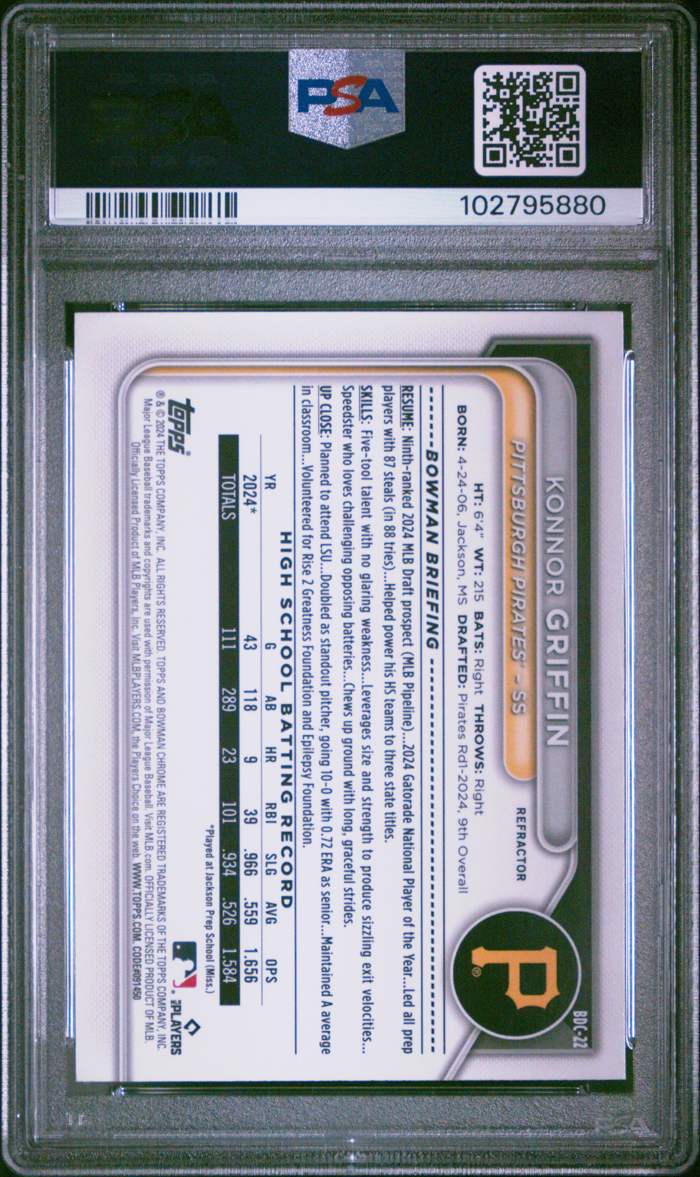 2024 Bowman Draft Konnor Griffin #Bdc22 (Chrome-Refractor) Gem Mt 10 front