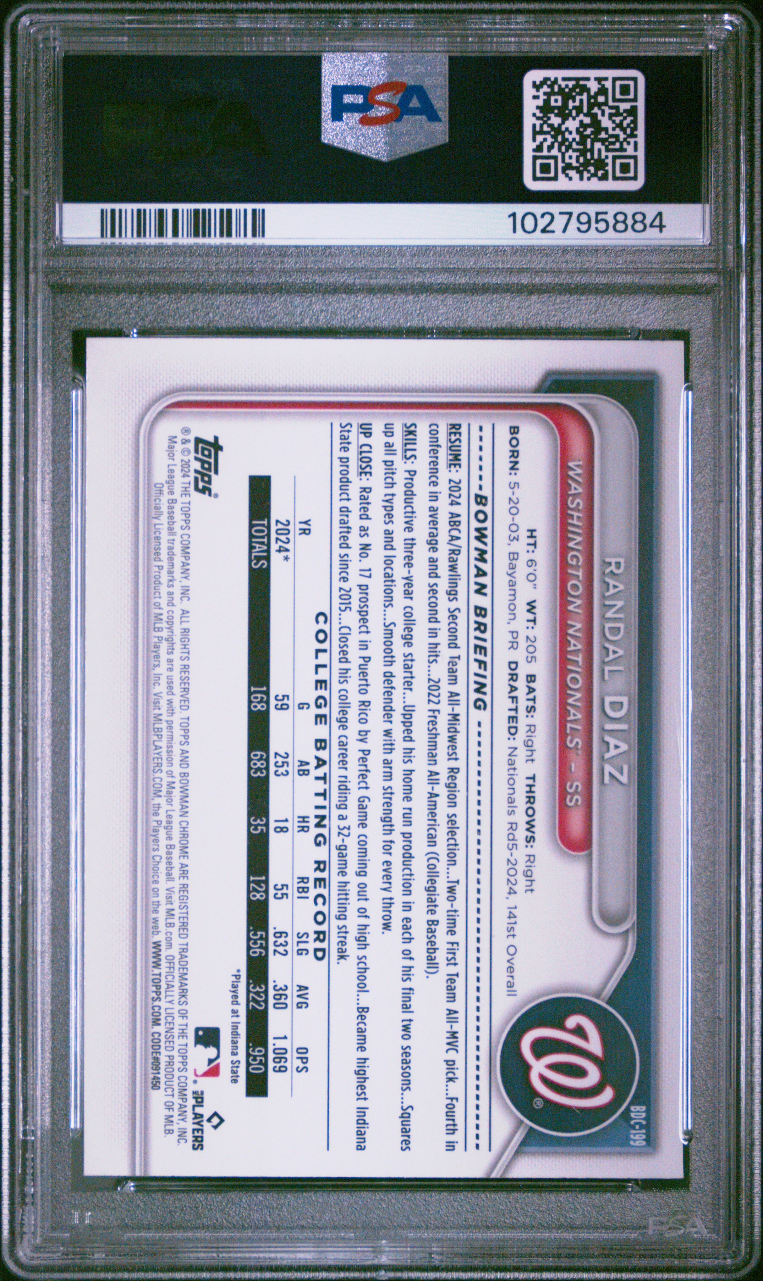 2024 Bowman Draft Randal Diaz #Bdc199 (Chrome-Lunar Glow Ref) Gem Mt 10 front