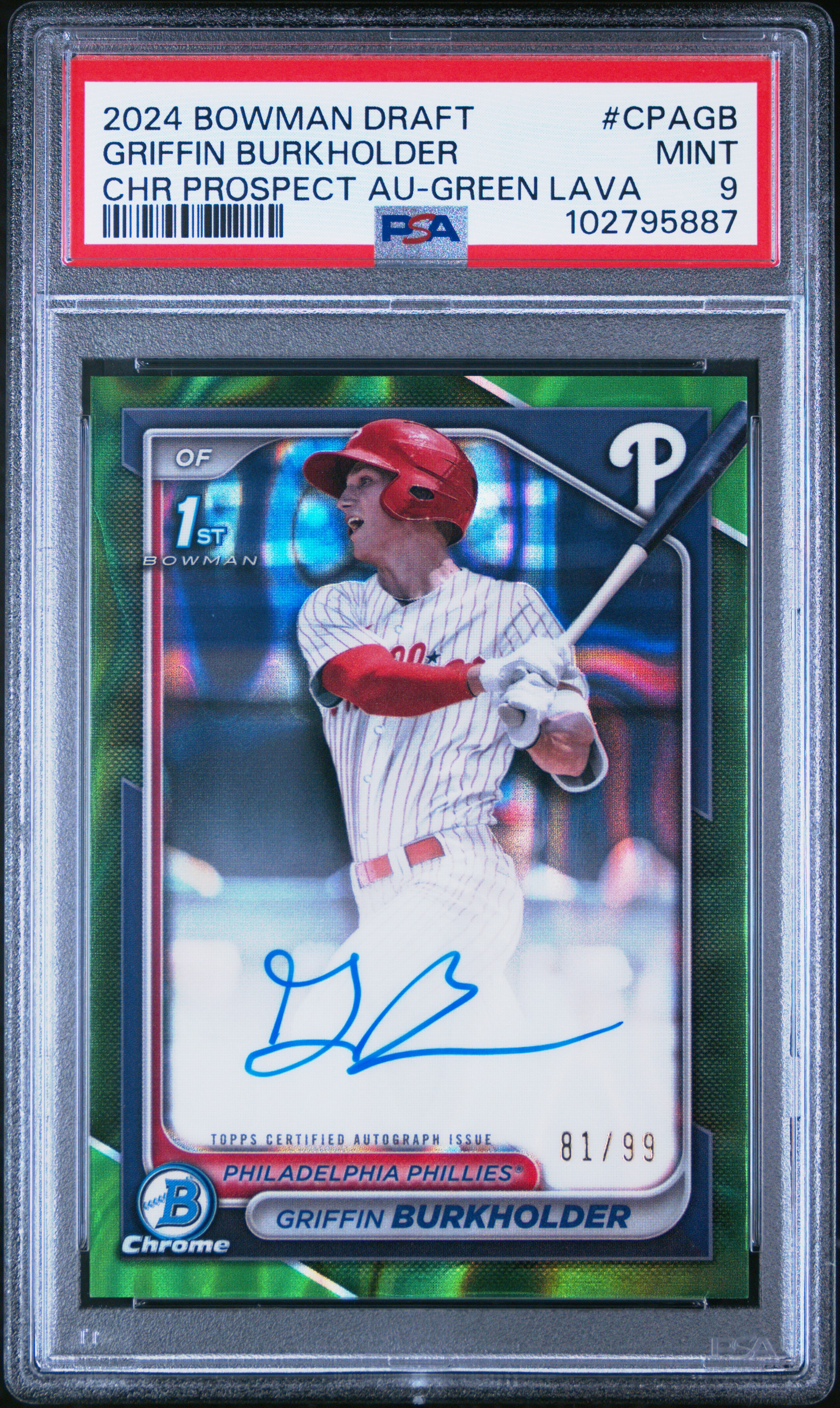 2024 Bowman Draft Chrome Prospect Autographs Griffin Burkholder #Cpagb (Chr Prospect Au-Green Lava) Mint 9 back
