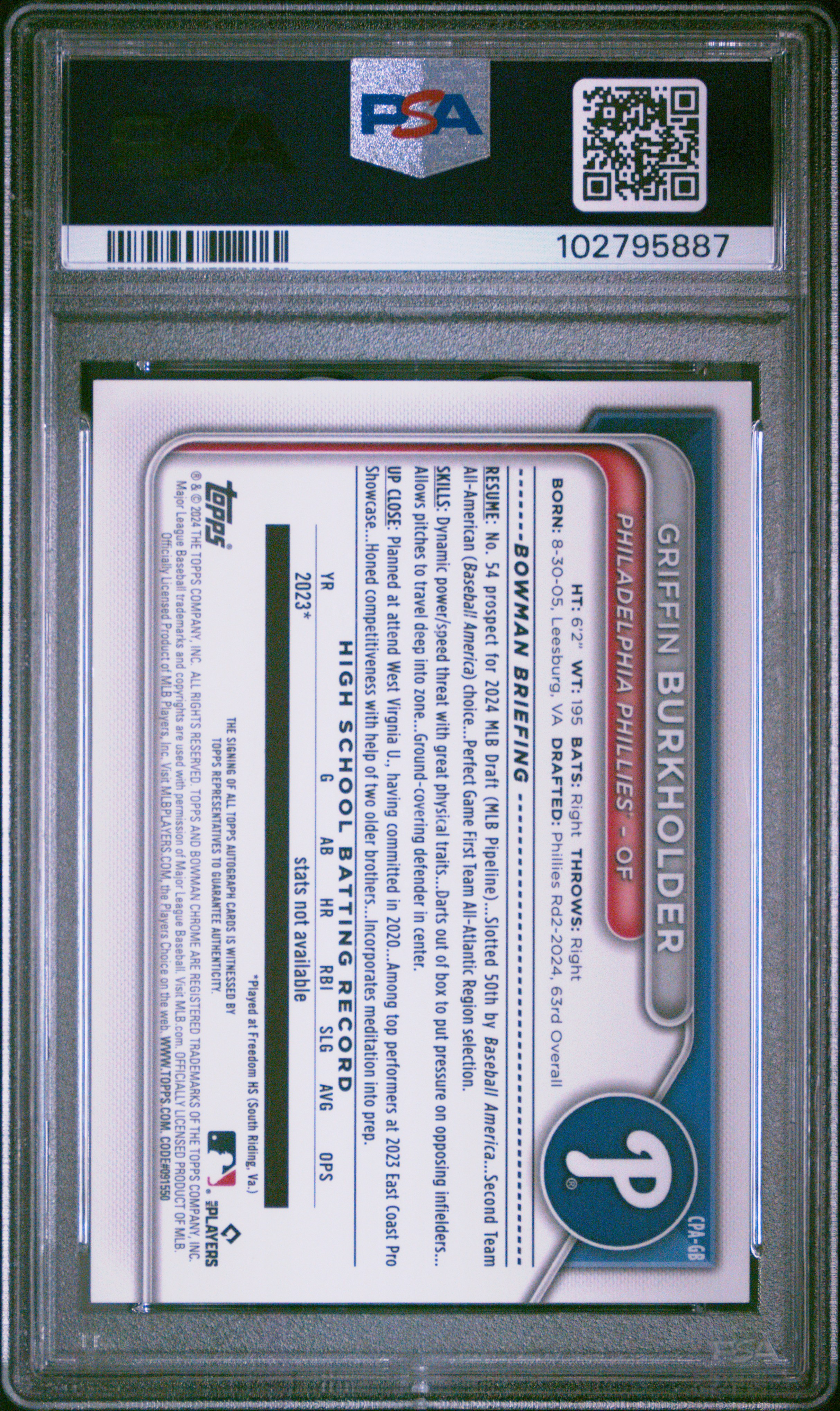 2024 Bowman Draft Chrome Prospect Autographs Griffin Burkholder #Cpagb (Chr Prospect Au-Green Lava) Mint 9 front