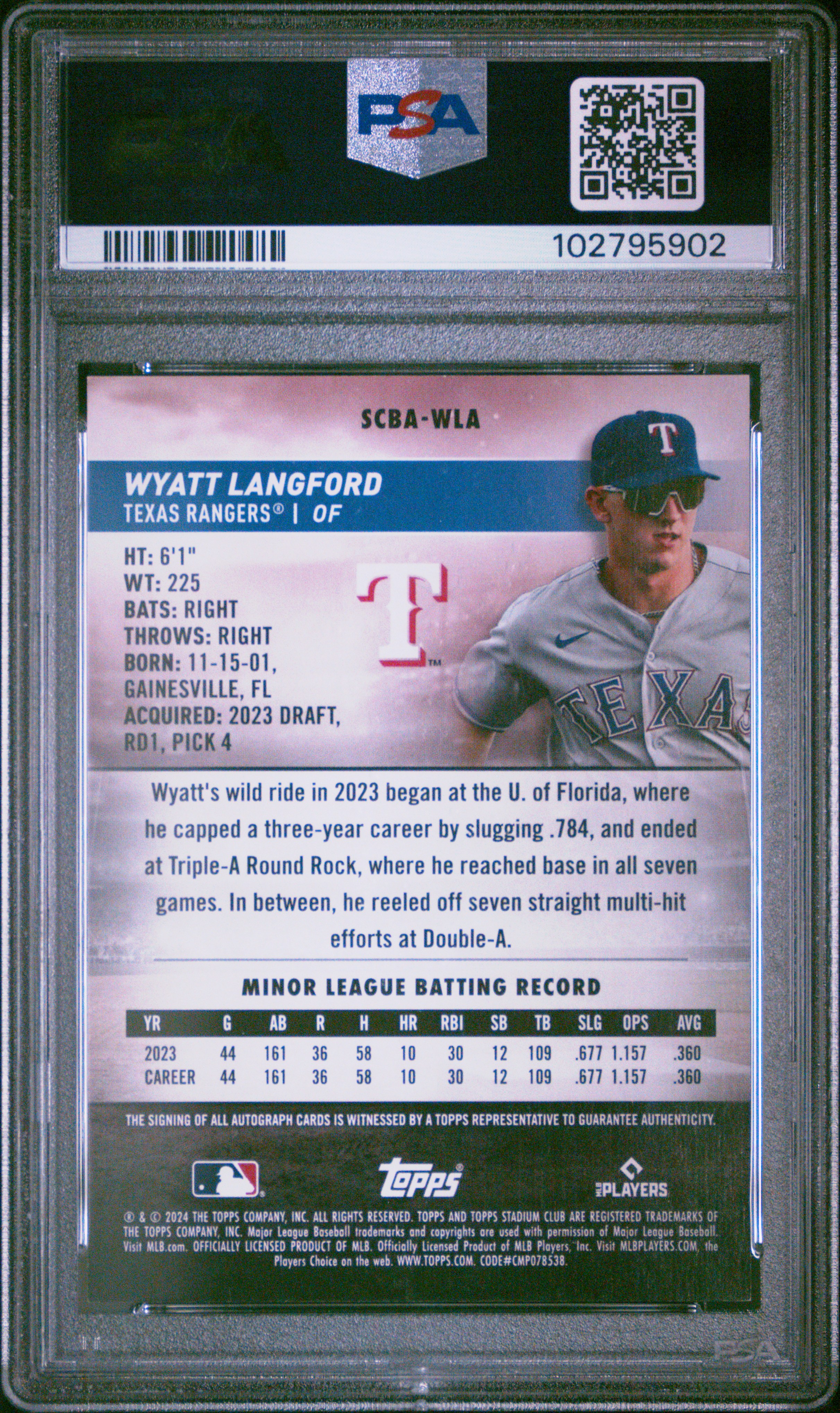 2024 Topps Stadium Club Base Autographs Wyatt Langford #Scbawla Mint 9 front