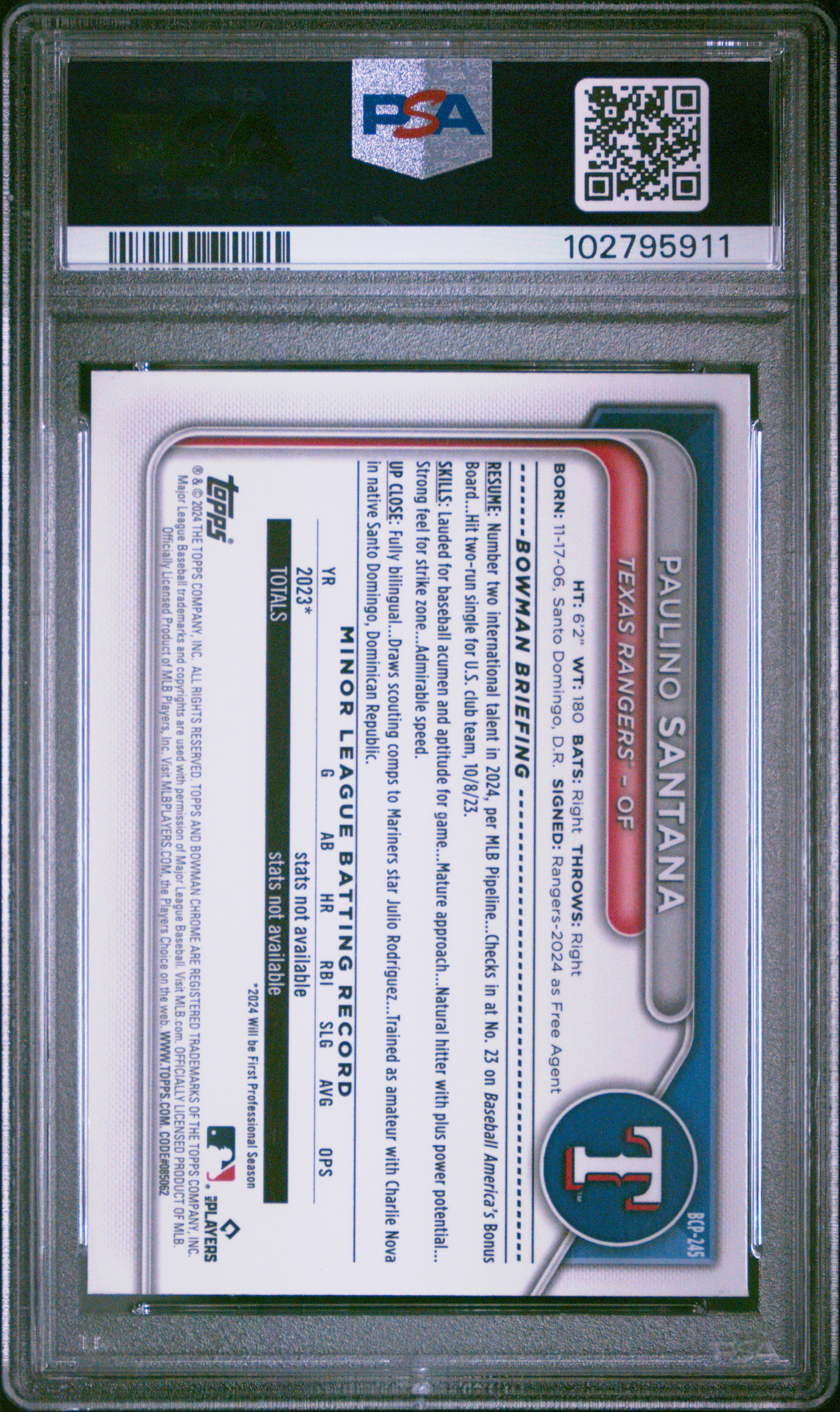 2024 Bowman Chrome Sapphire Edition Prospects Paulino Santana #245 (Prospects-Gold) Mint 9 front