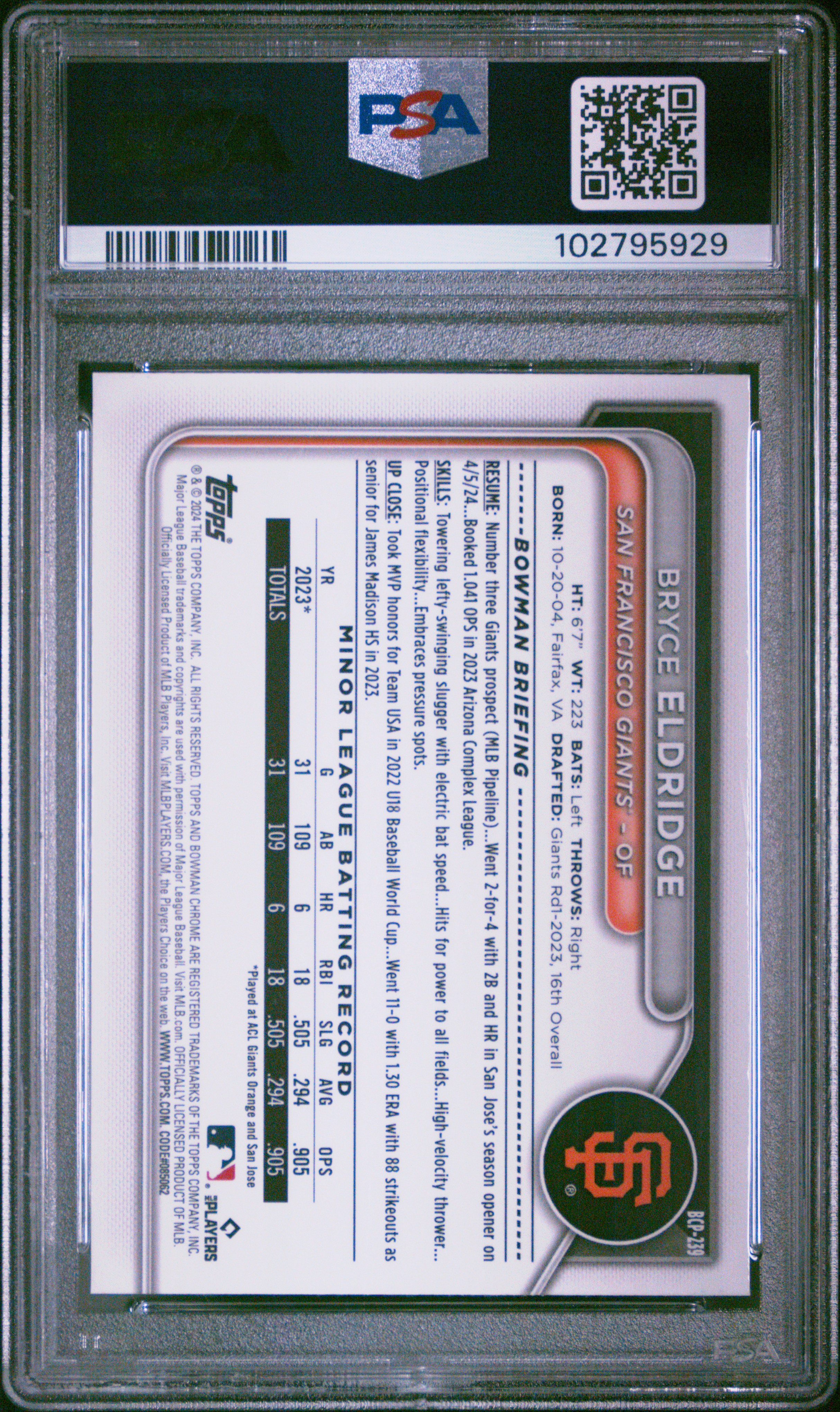 2024 Bowman Chrome Sapphire Edition Prospects Bryce Eldridge #239 (Prospects-Yellow) Gem Mt 10 front