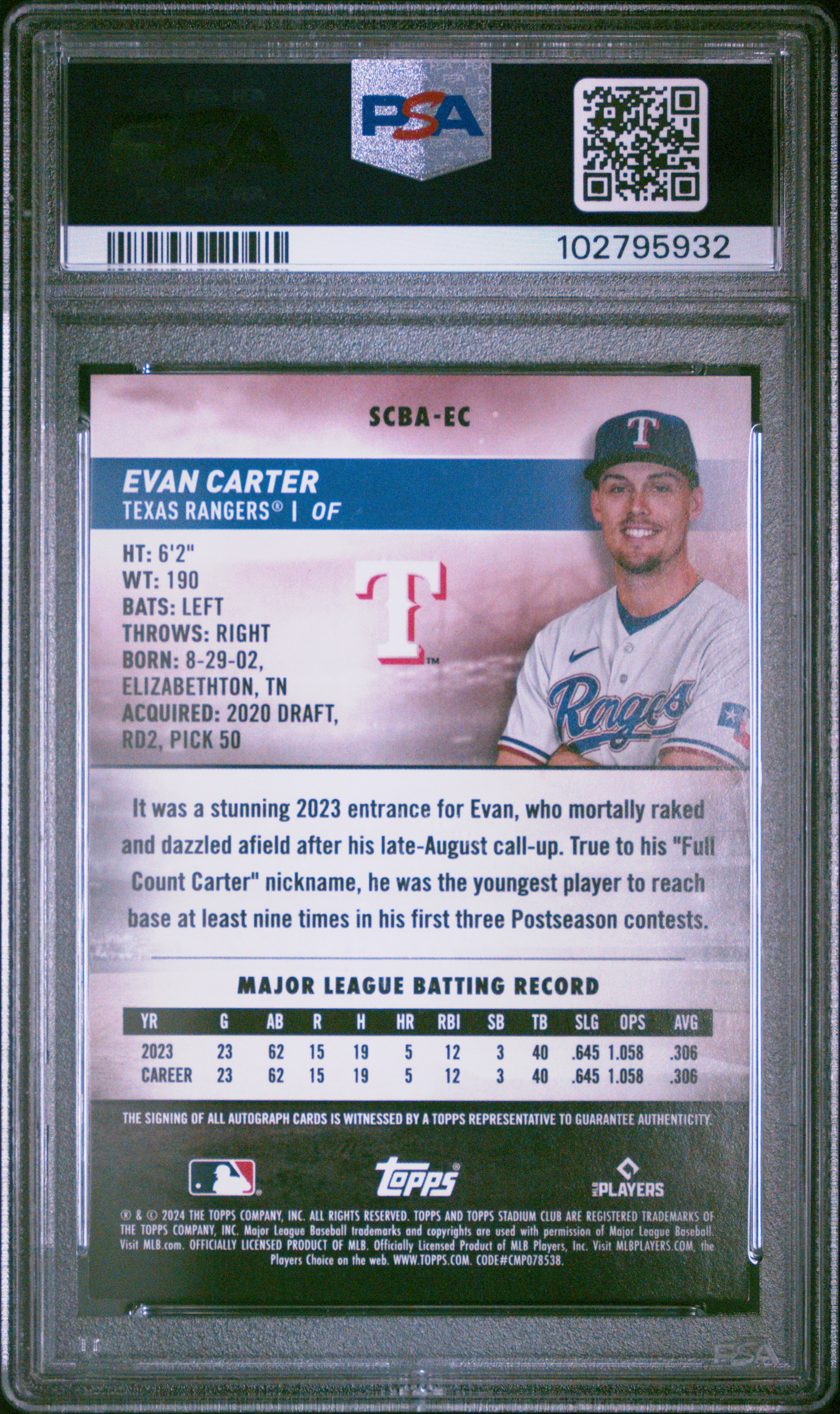 2024 Topps Stadium Club Base Autographs Evan Carter #Scbaec Mint 9 front