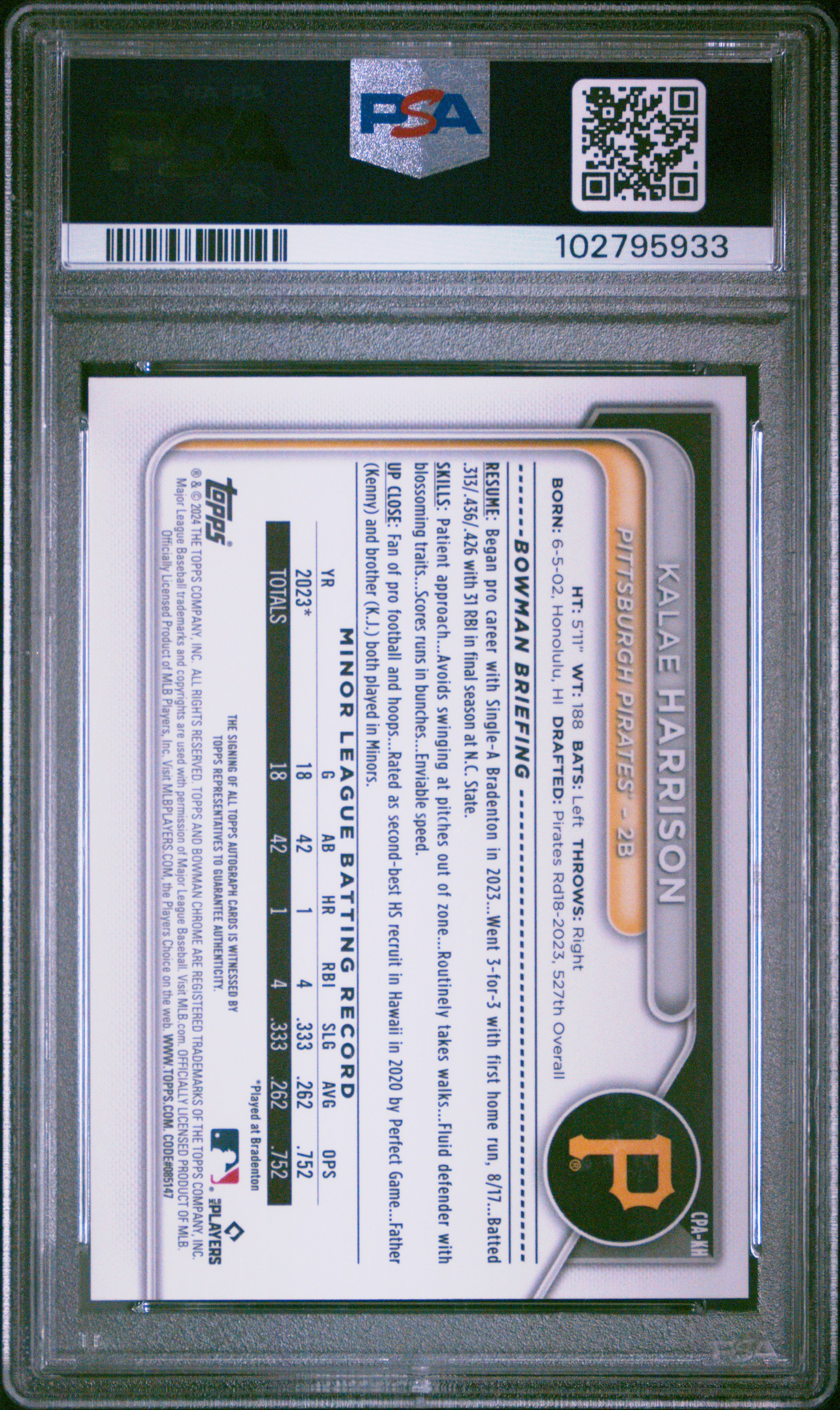 2024 Bowman Chrome Prospect Autographs Kalae Harrison #Cpakh (Prspct Au-Reptilian Blu Ref) Gem Mt 10 front