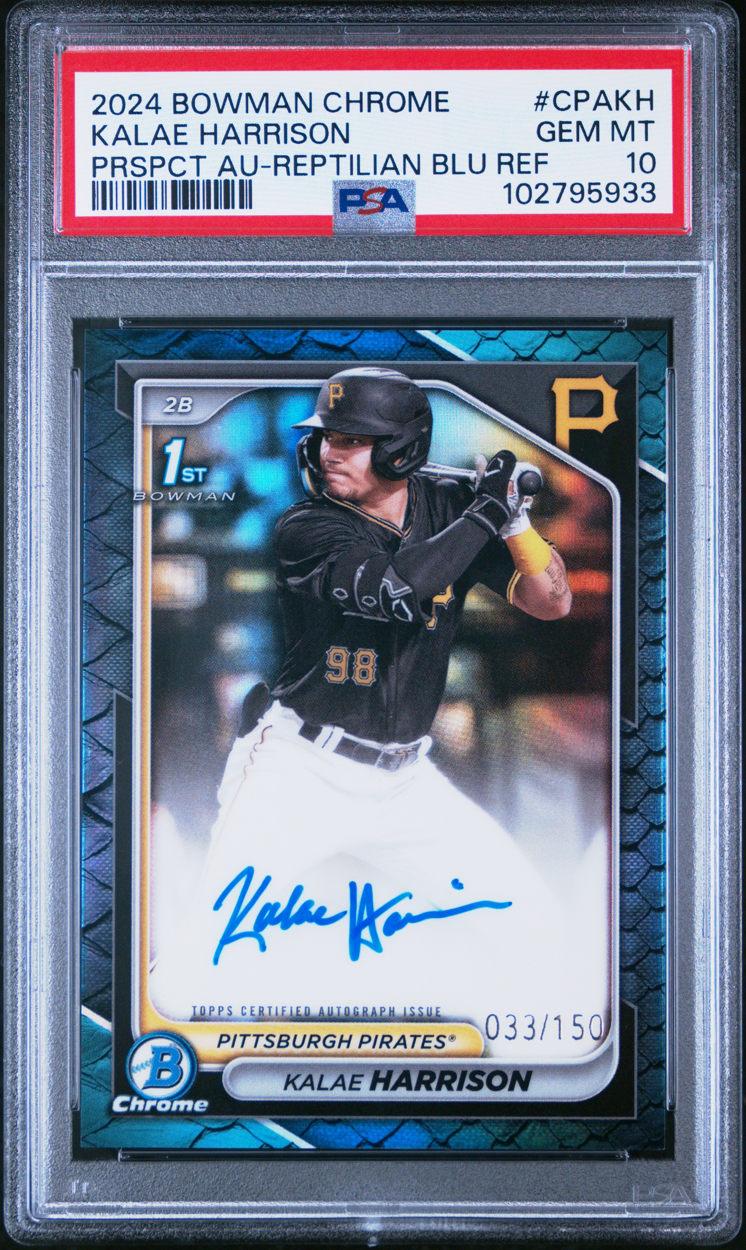 2024 Bowman Chrome Prospect Autographs Kalae Harrison #Cpakh (Prspct Au-Reptilian Blu Ref) Gem Mt 10 back