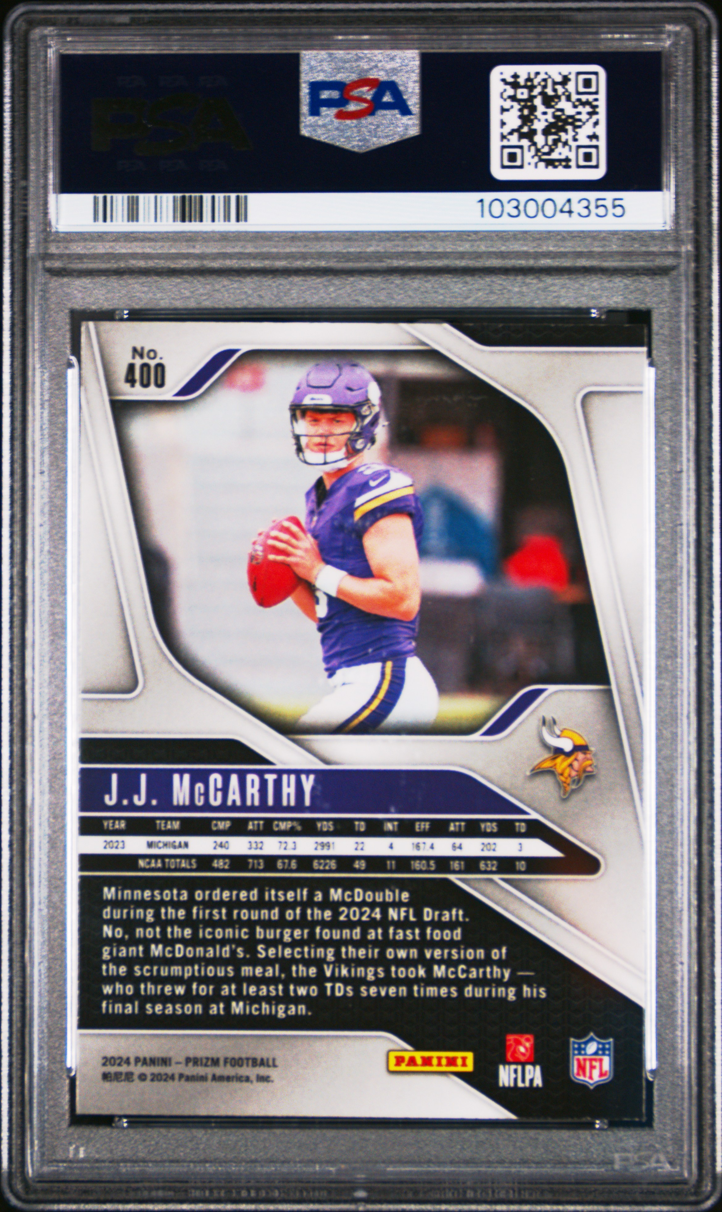 2024 Panini Prizm Jj Mccarthy #400 Gem Mt 10 back