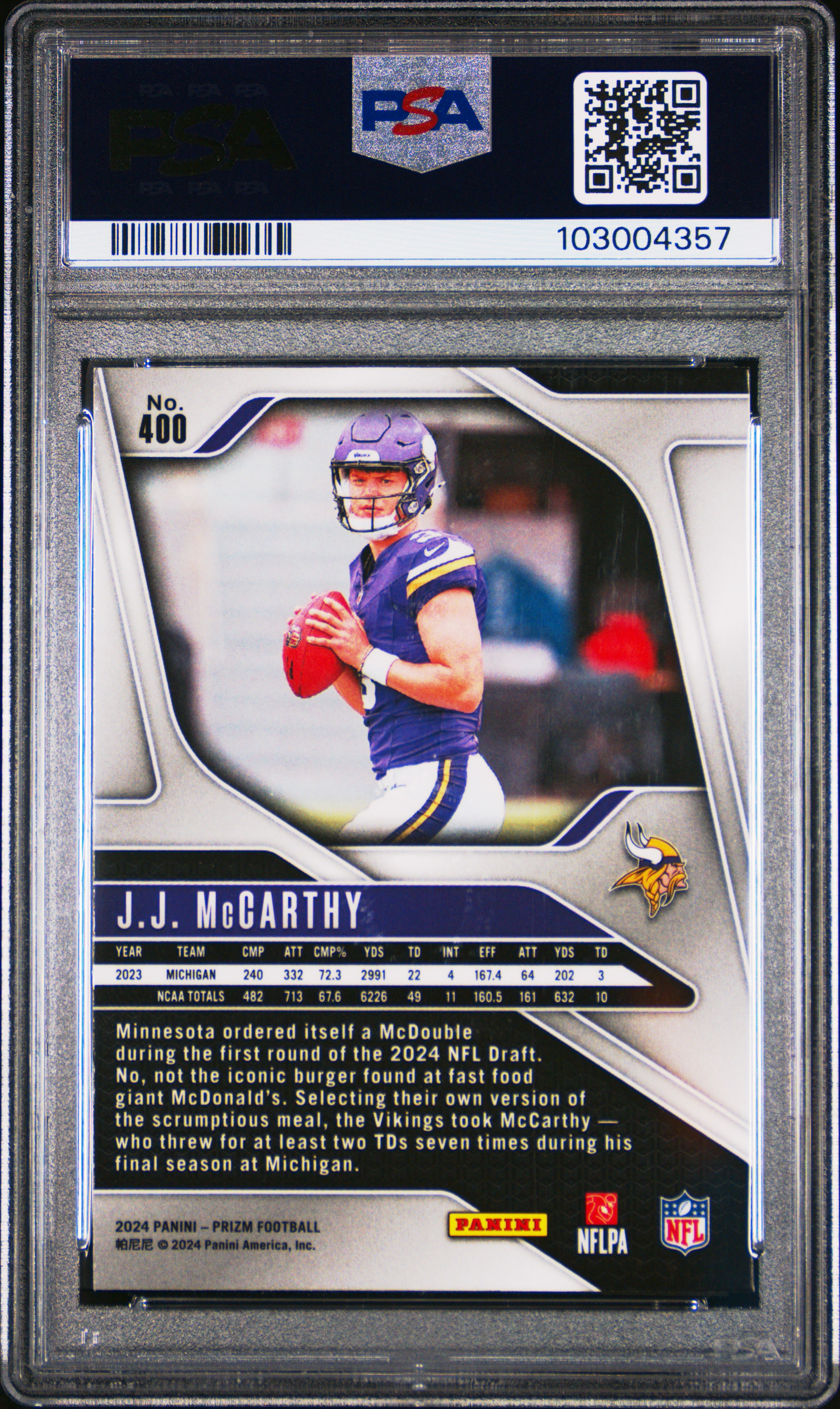 2024 Panini Prizm Jj Mccarthy #400 Gem Mt 10 back