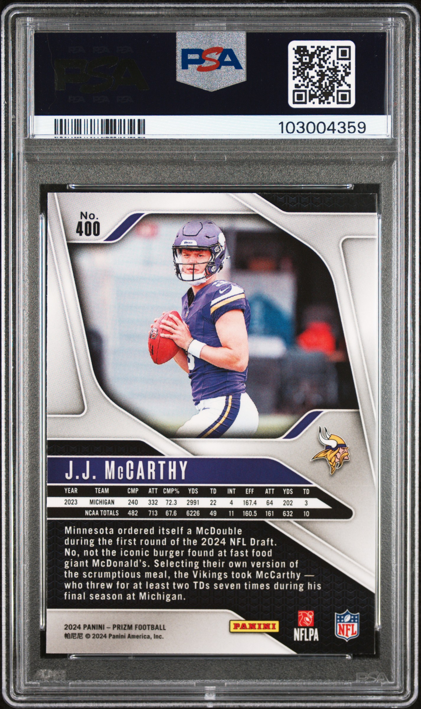 2024 Panini Prizm Jj Mccarthy #400 Gem Mt 10 back