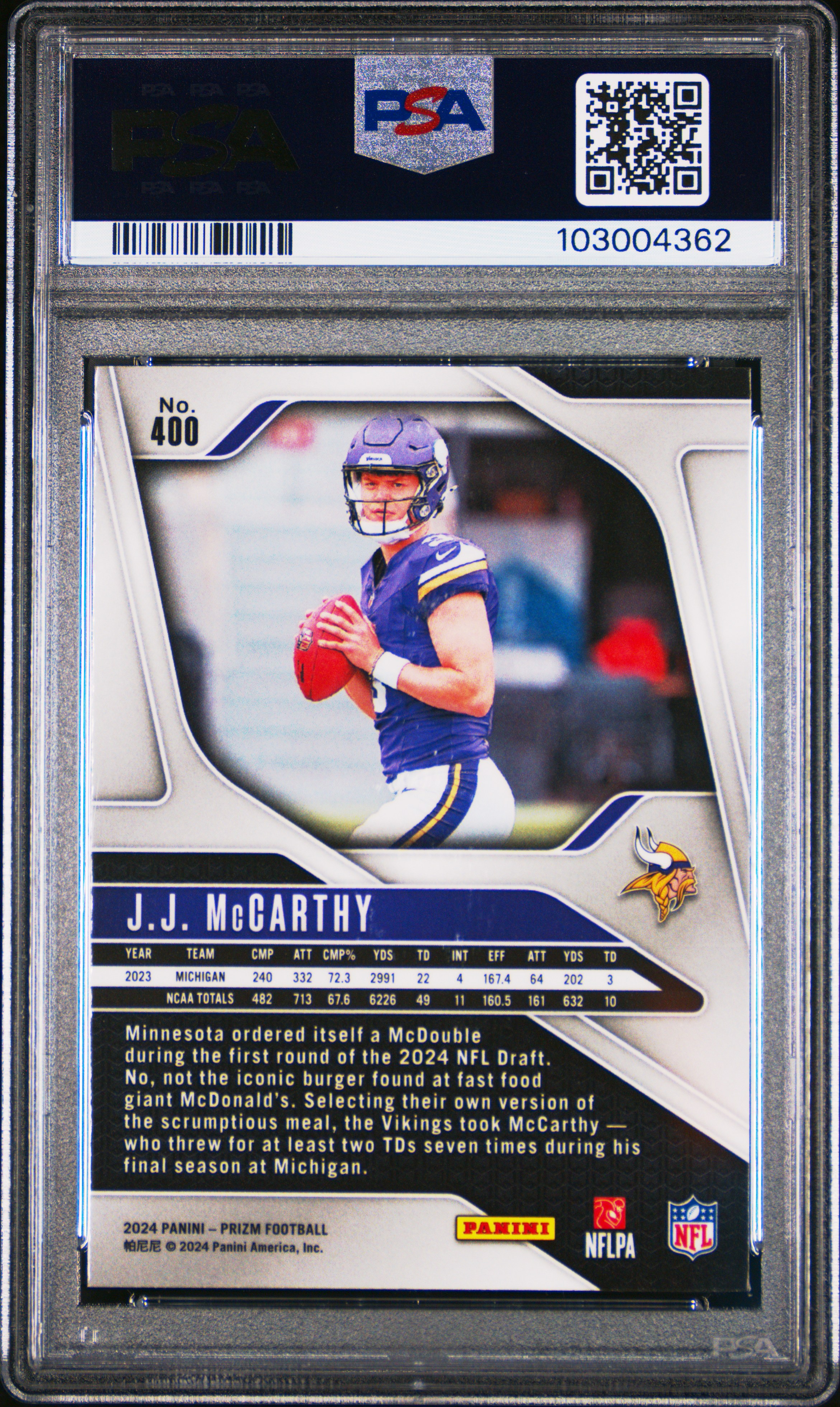 2024 Panini Prizm Jj Mccarthy #400 Gem Mt 10 back