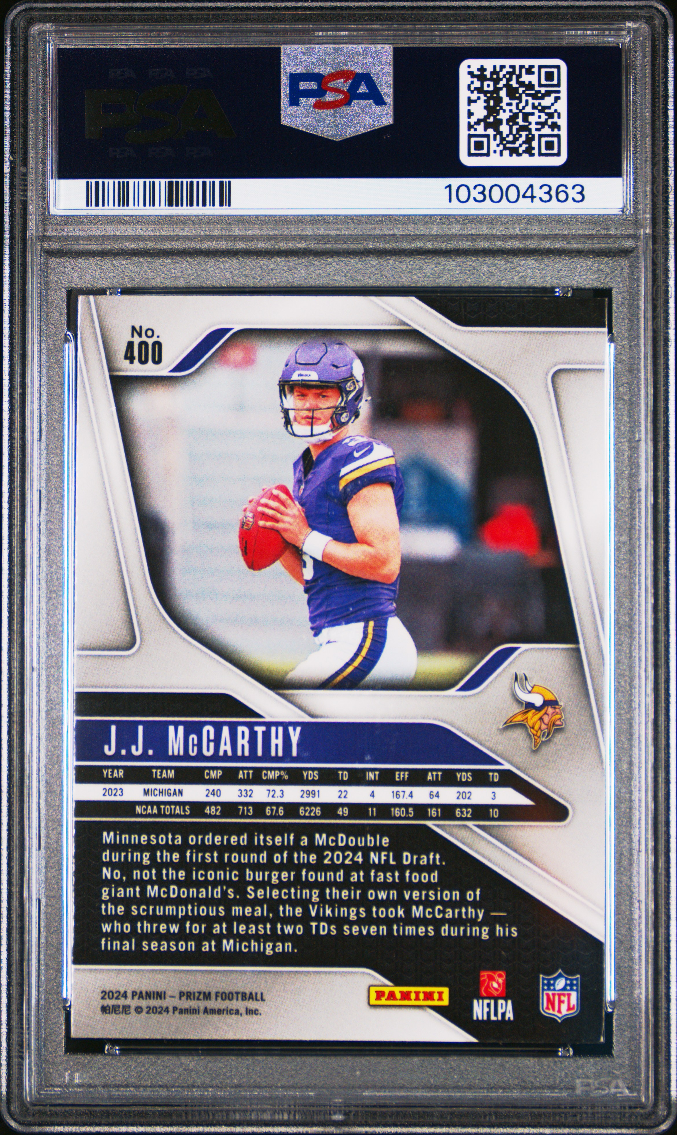 2024 Panini Prizm Jj Mccarthy #400 Mint 9 back