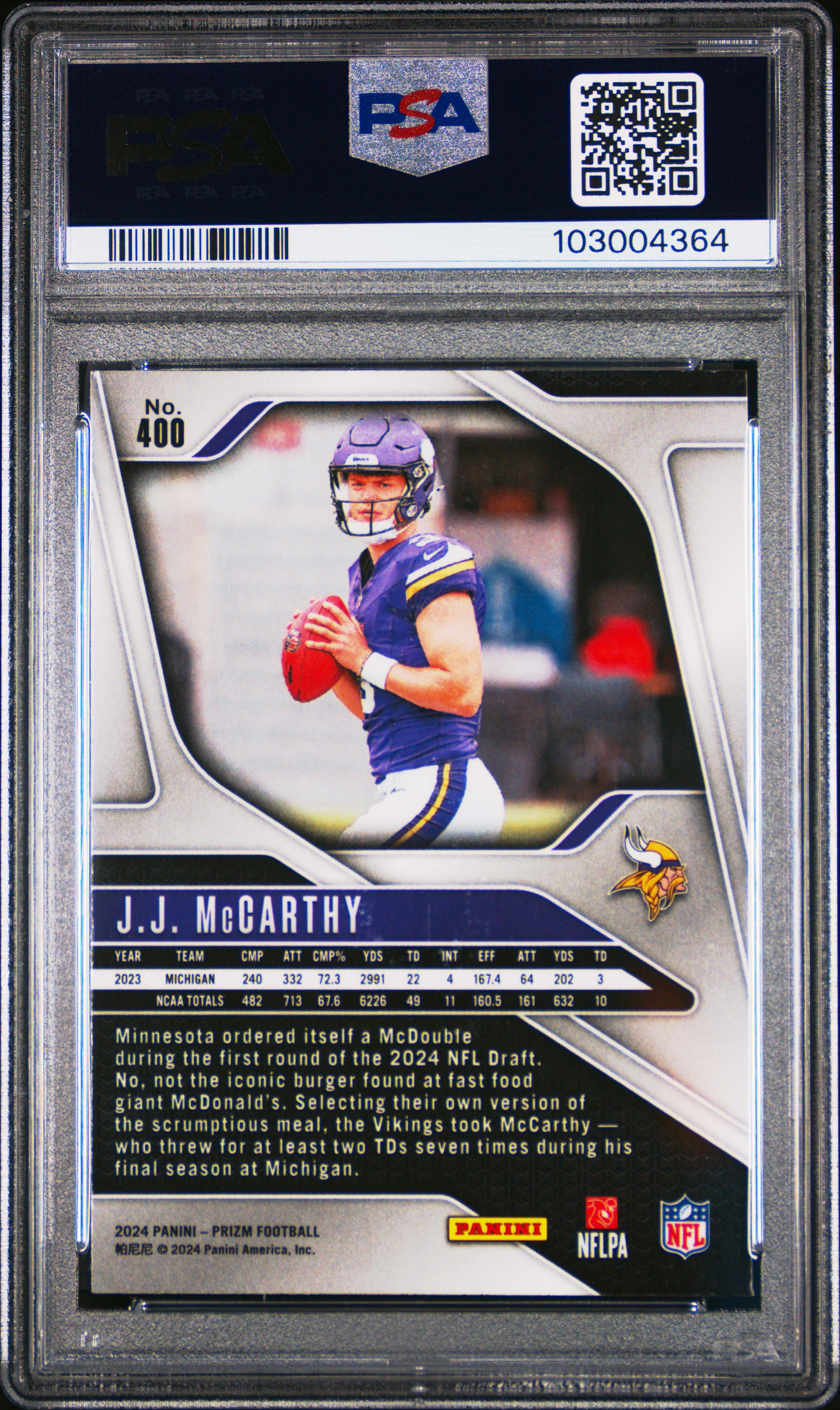 2024 Panini Prizm Jj Mccarthy #400 Gem Mt 10 back