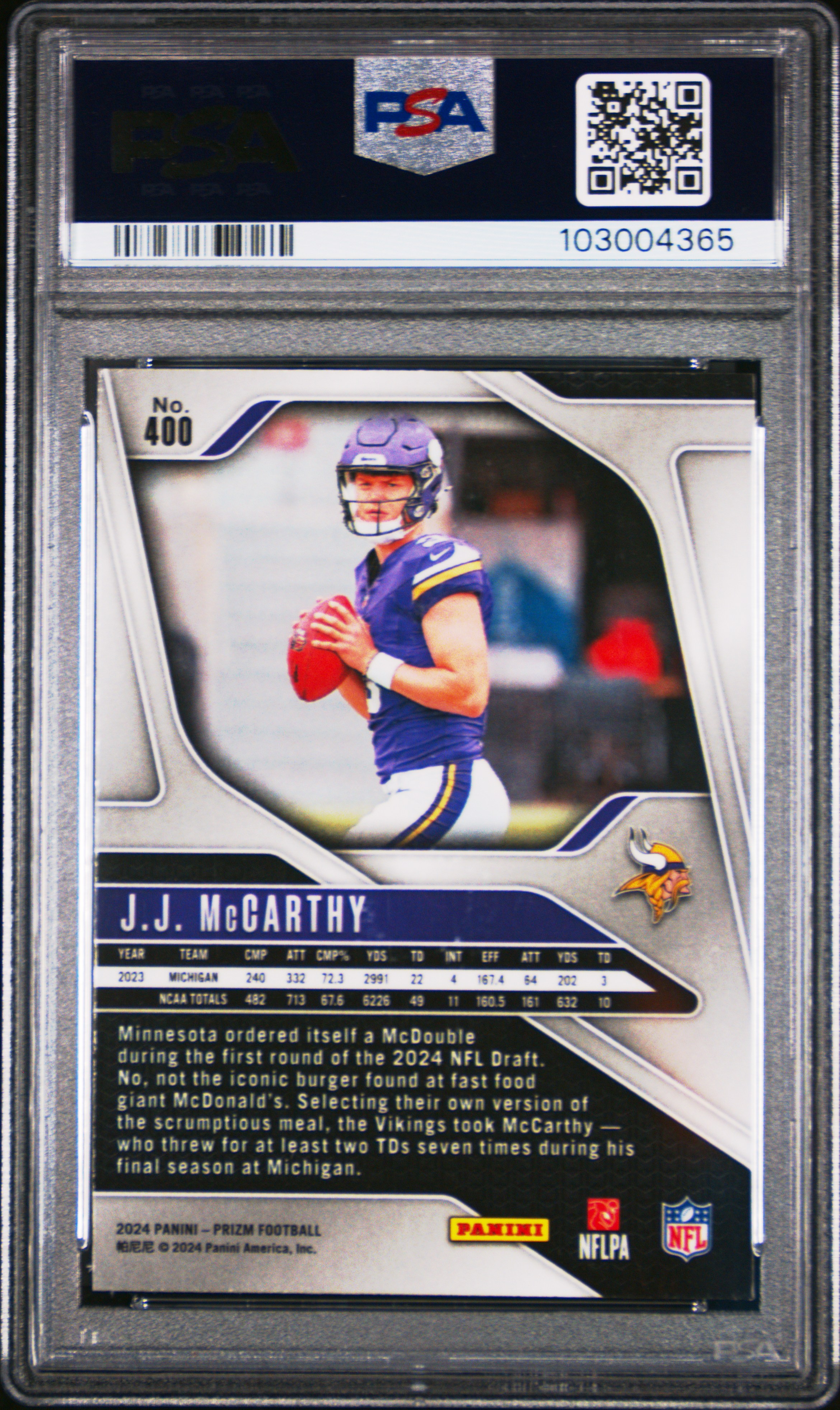 2024 Panini Prizm Jj Mccarthy #400 Gem Mt 10 back