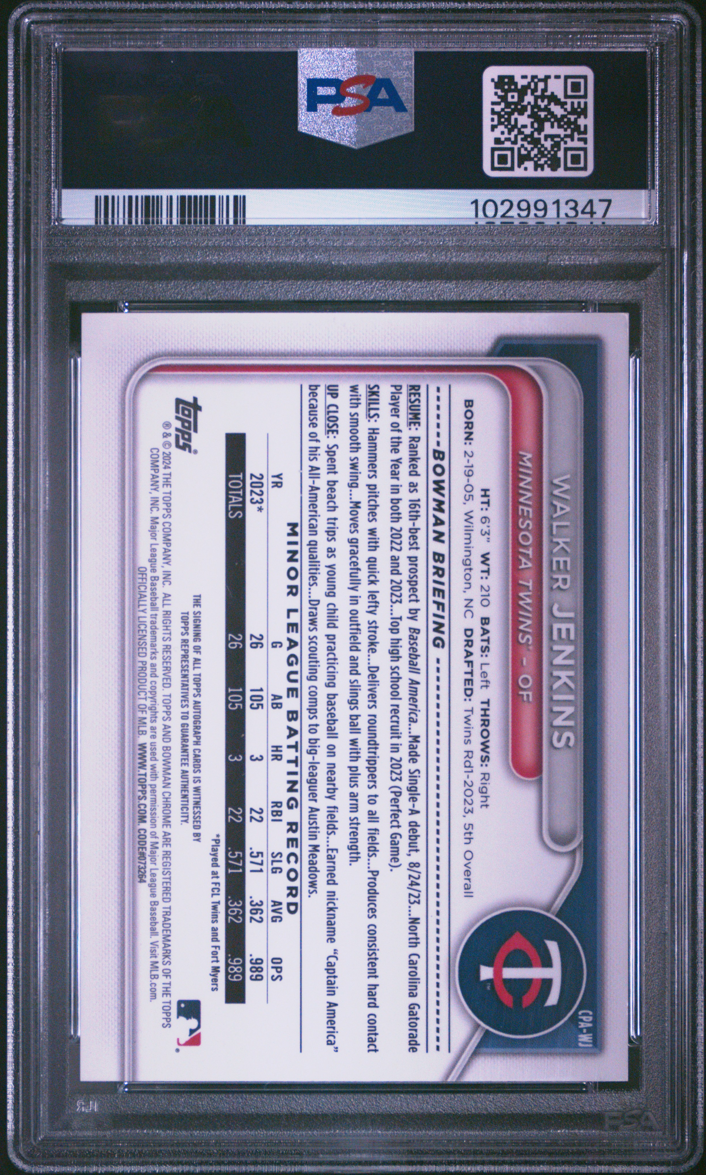 2024 Bowman Chrome Prospect Autographs Walker Jenkins #Cpawj Gem Mt 10 back