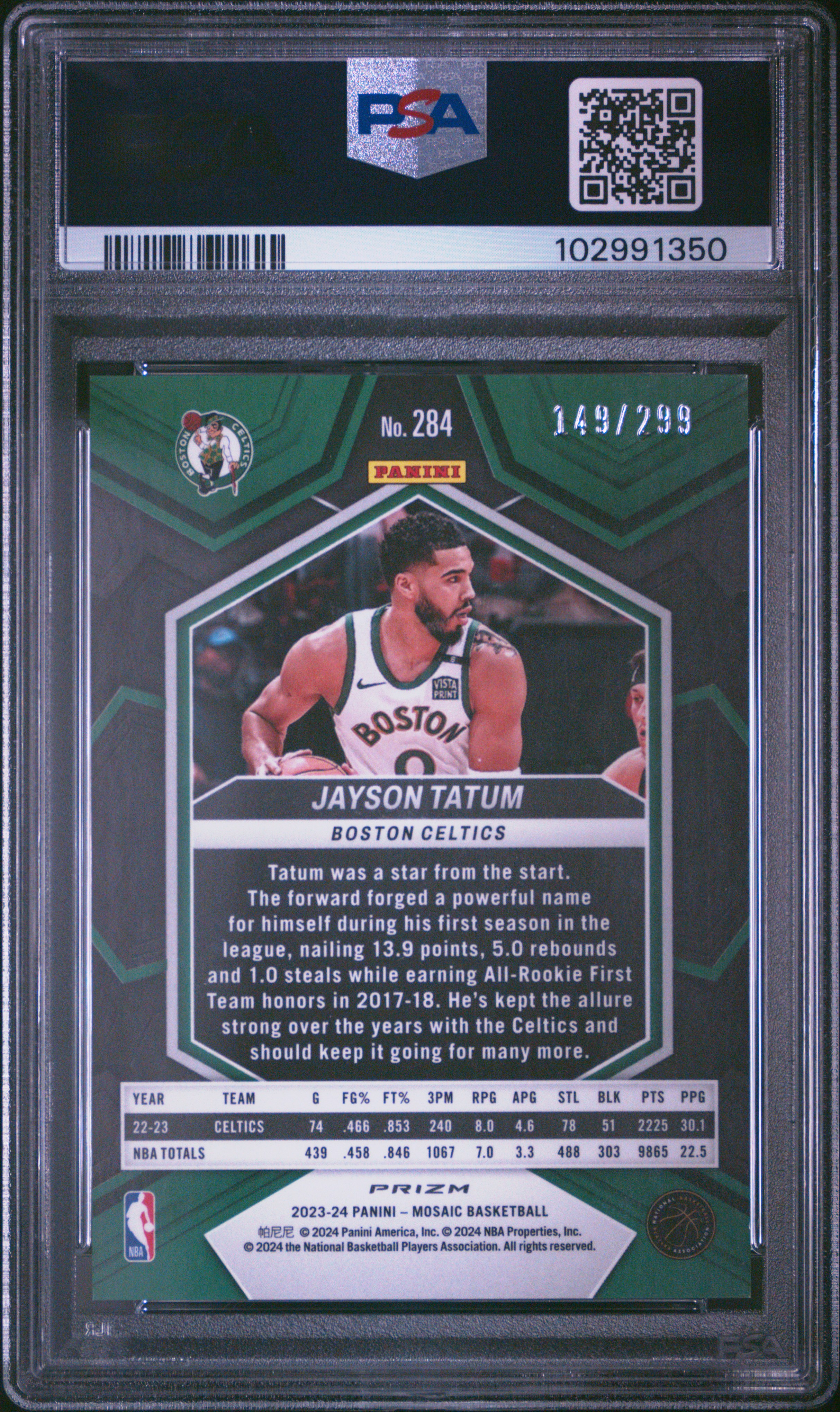 2023 Panini Mosaic Jayson Tatum #284 (Red Seismic) Gem Mt 10 back