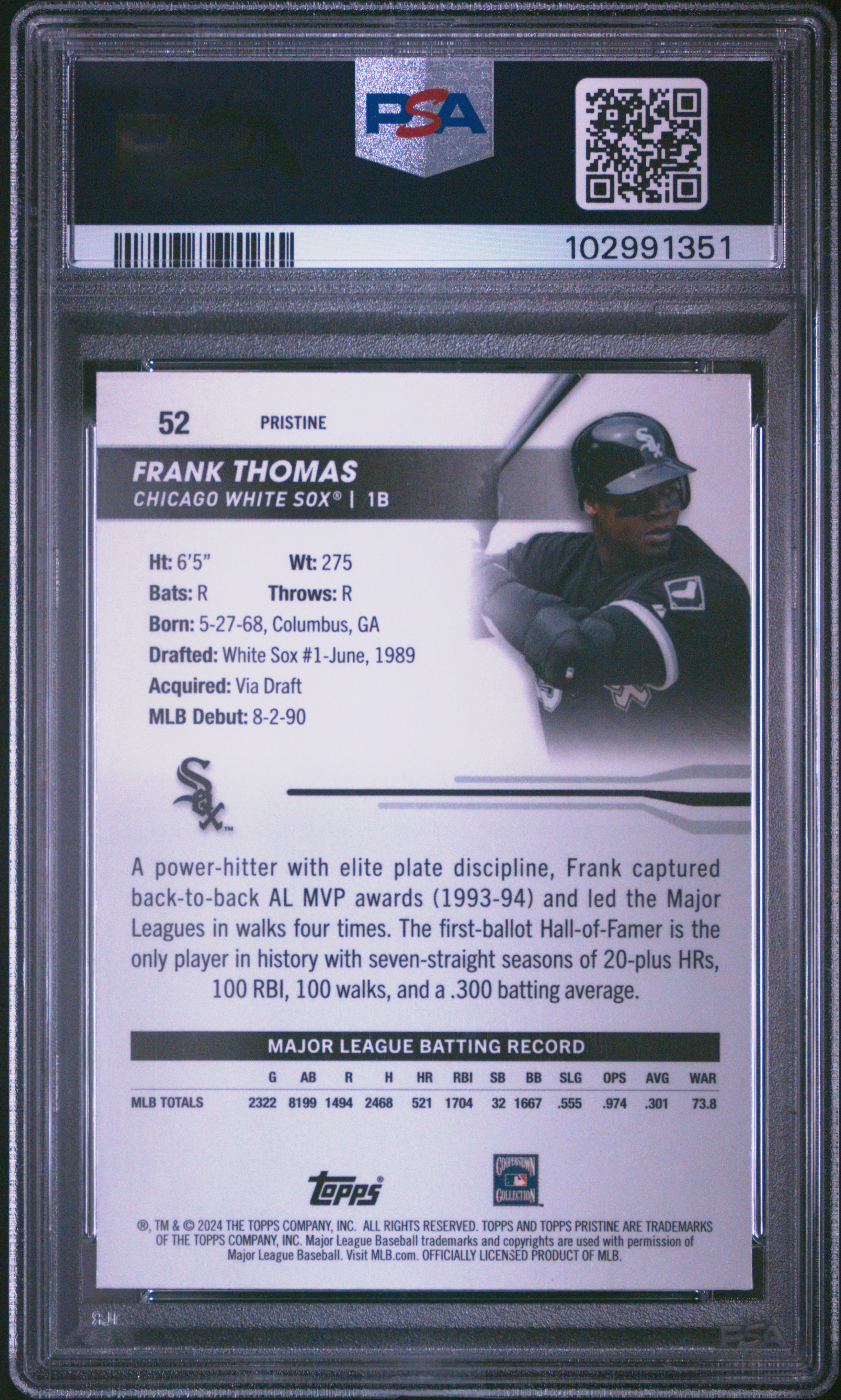 2024 Topps Pristine Frank Thomas #52 (Pristine Gold) Gem Mt 10 back