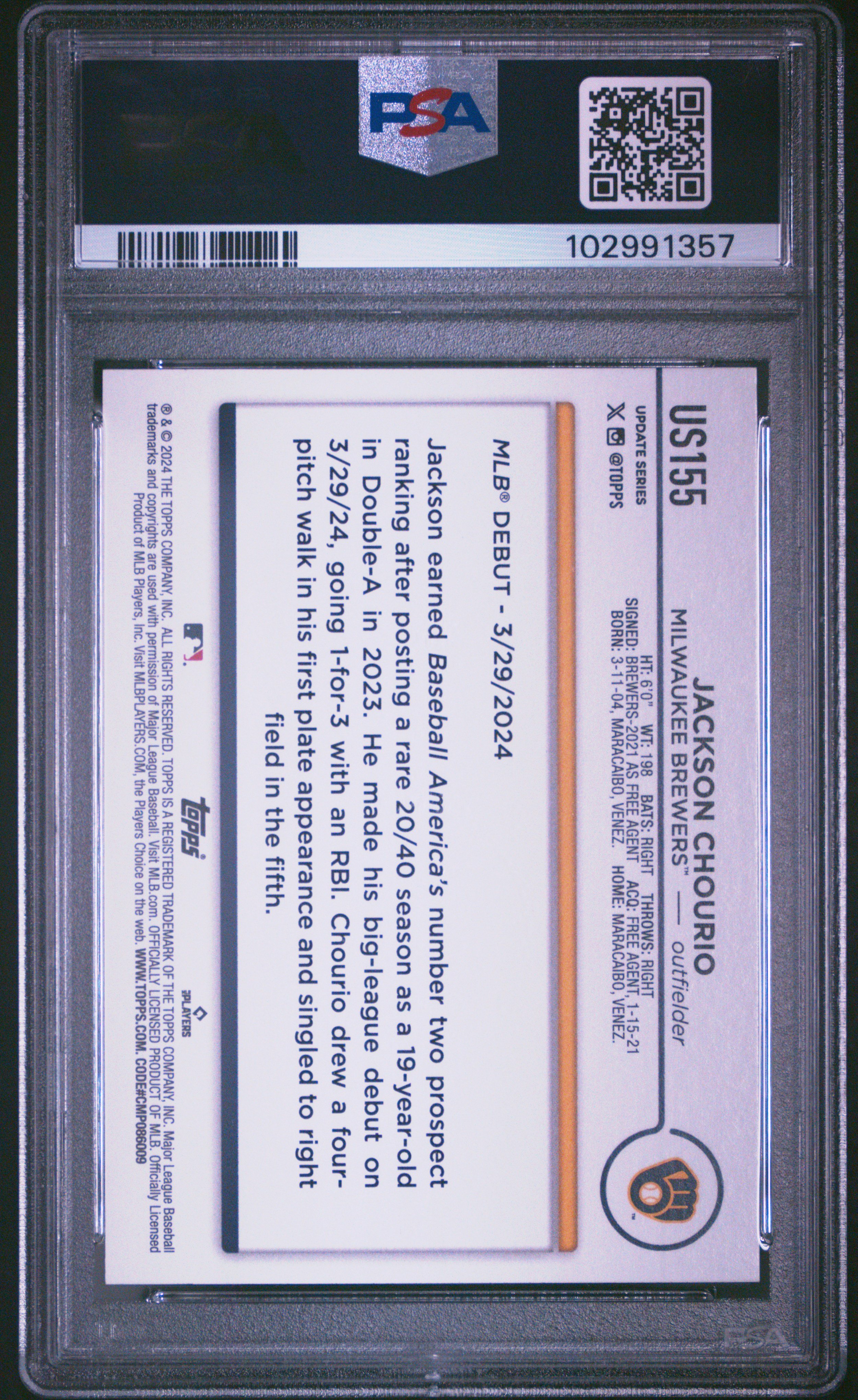 2024 Topps Update Jackson Chourio #Us155 Mint 9 back