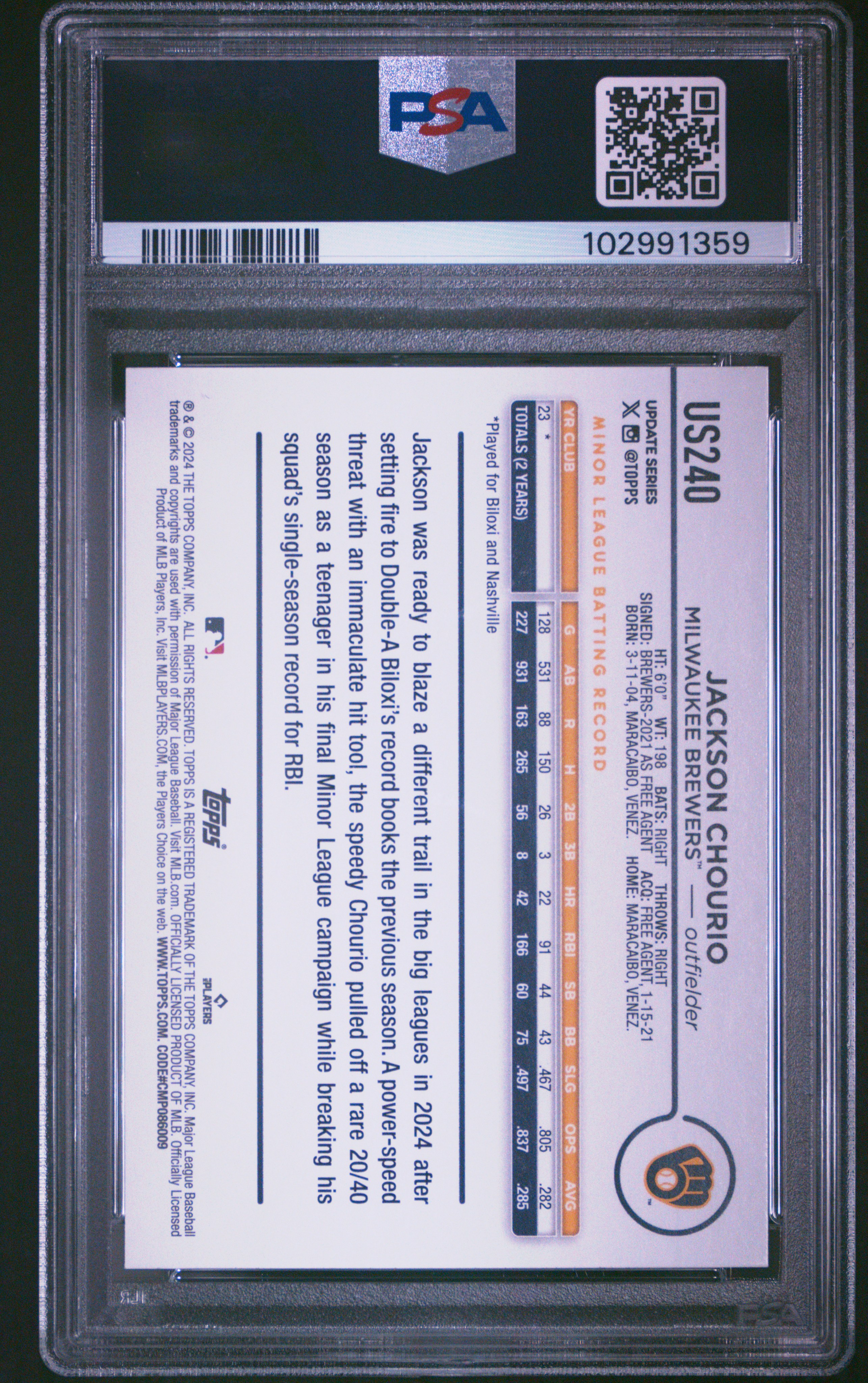 2024 Topps Update Jackson Chourio #Us240 Gem Mt 10 back