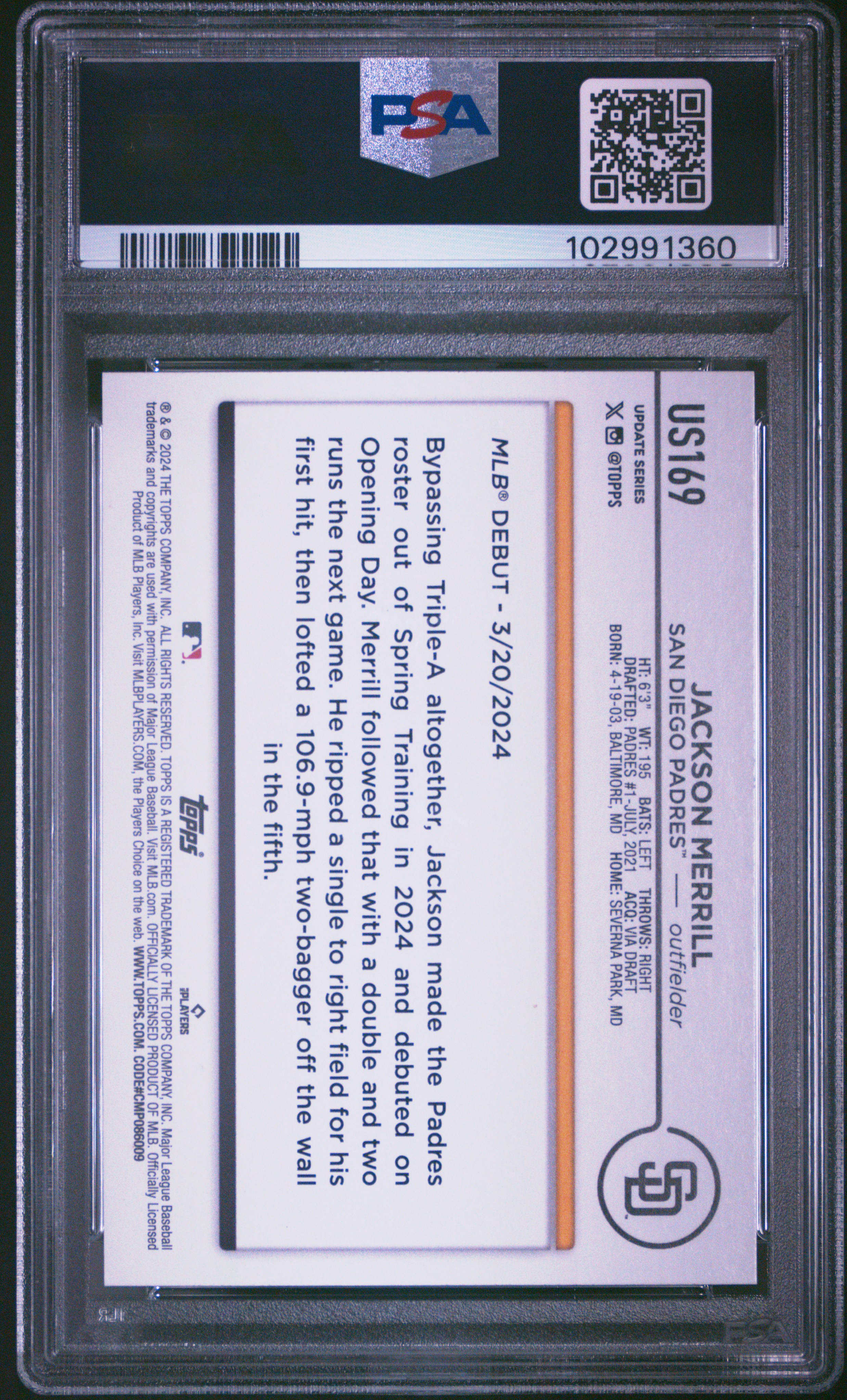 2024 Topps Update Jackson Merrill #Us169 Mint 9 back