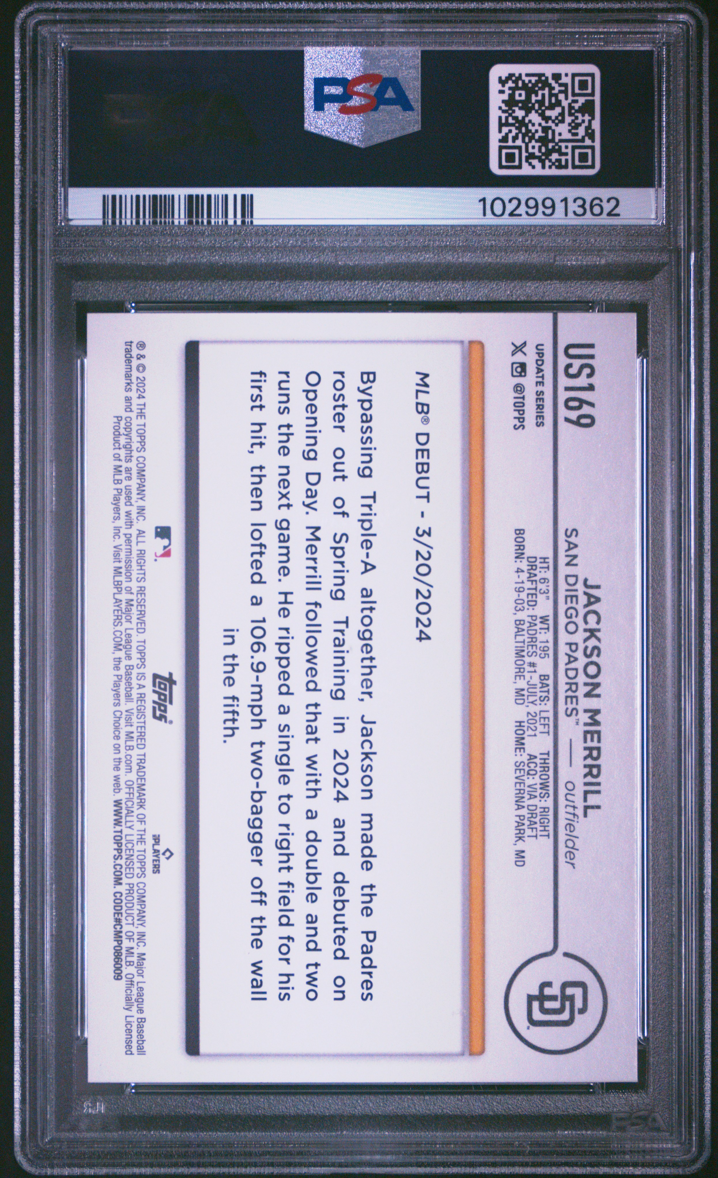 2024 Topps Update Jackson Merrill #Us169 Mint 9 back